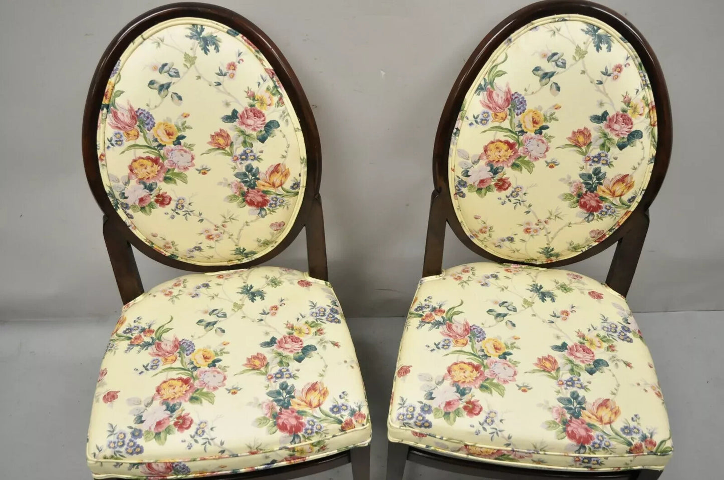 French Art Deco Oval Upholstered Back Mahogany Wood Frame Dining Chairs - a Pair