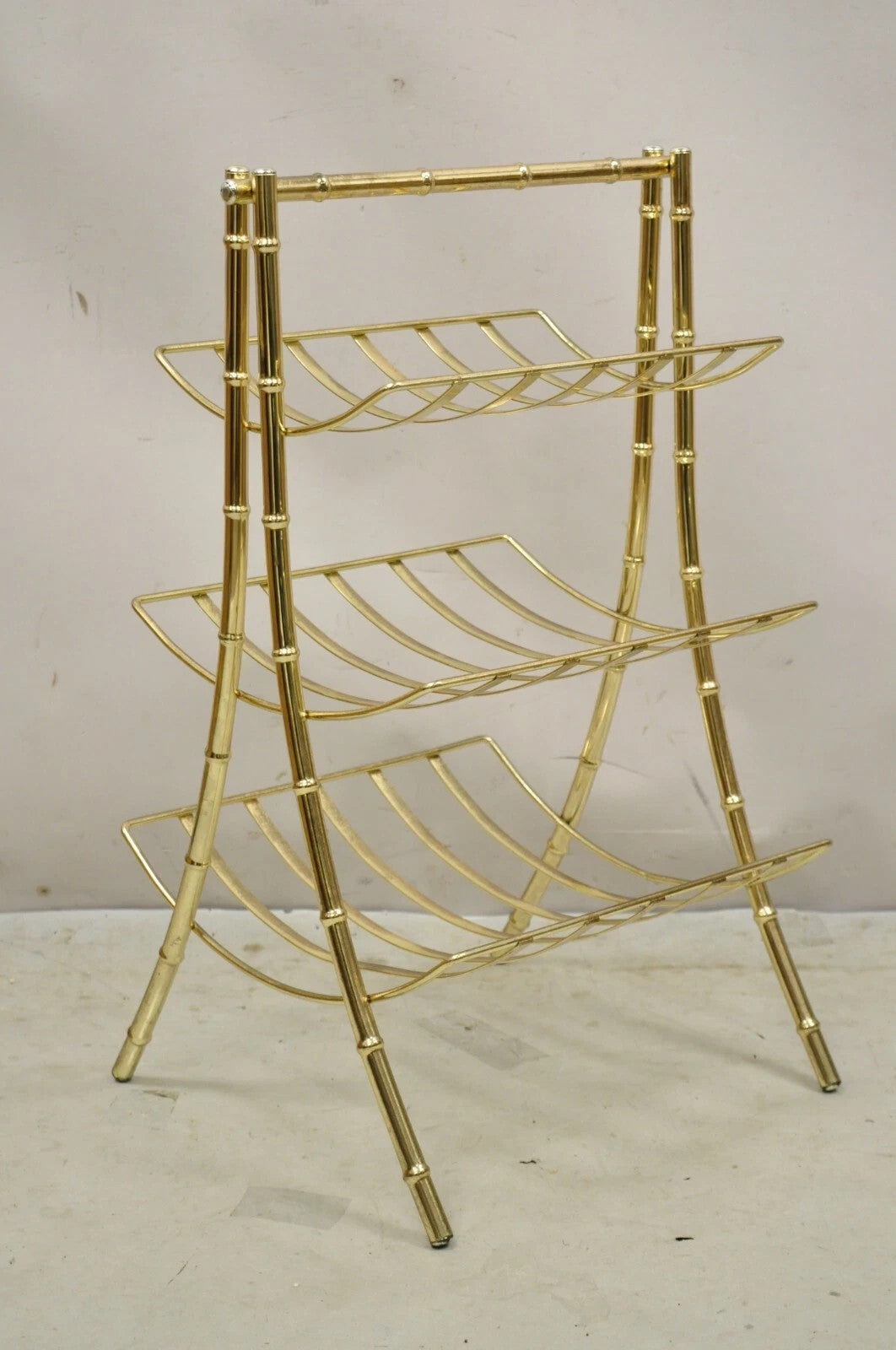 Vintage Hollywood Regency Gold Metal Faux Bamboo 3 Tier Magazine Rack Stand