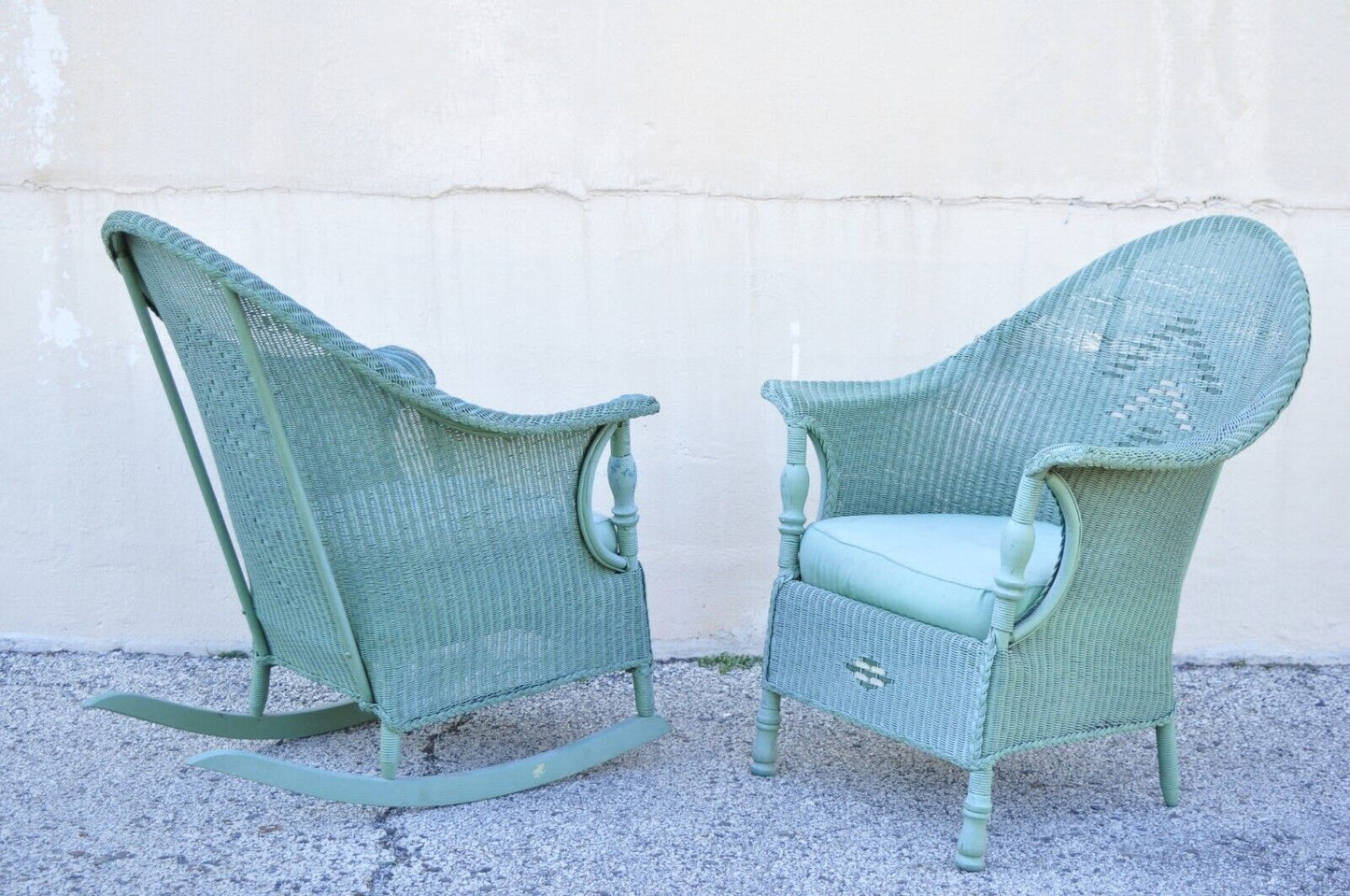 Victorian Blue Green Woven Wicker Sunroom Sofa Rocking Chair Lounge Chair 3 Pcs