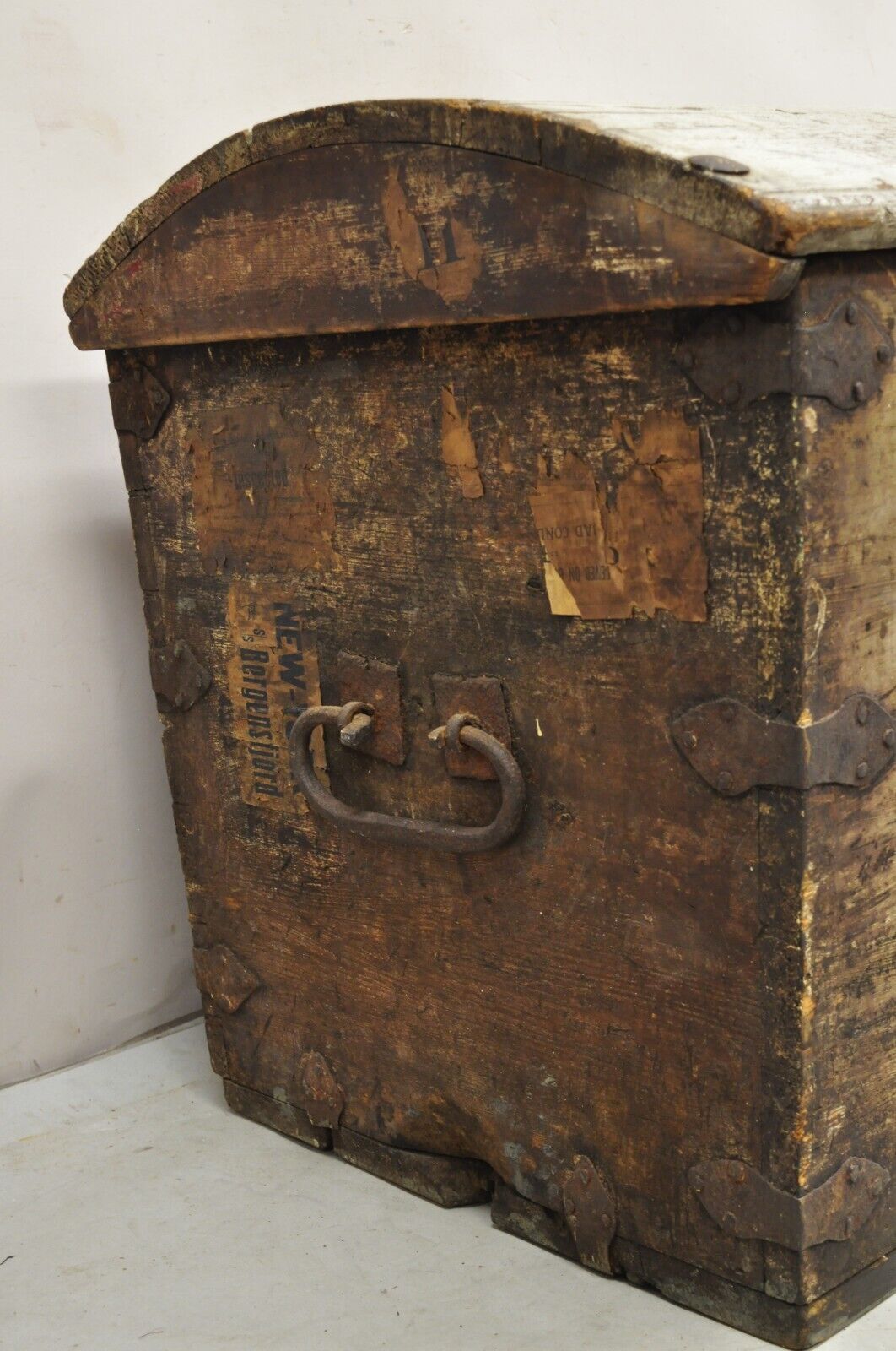Antique European Painted Large Wooden Dome Top Sea Trunk Treasure Chest