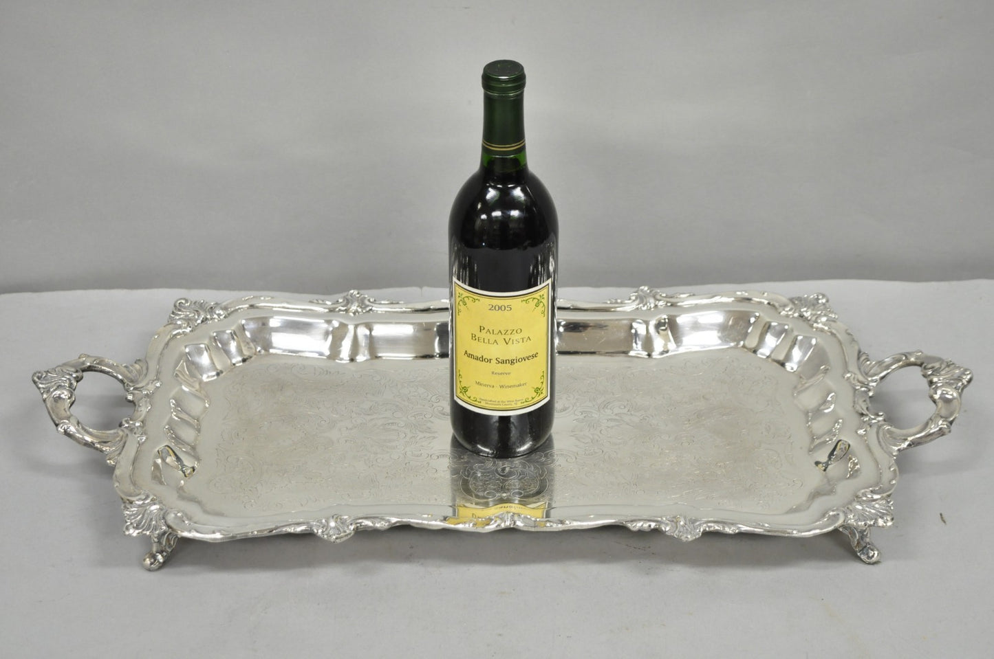 Vintage Victorian Silver Plated Narrow Footed Bar Serving Tray w Handles by Eton
