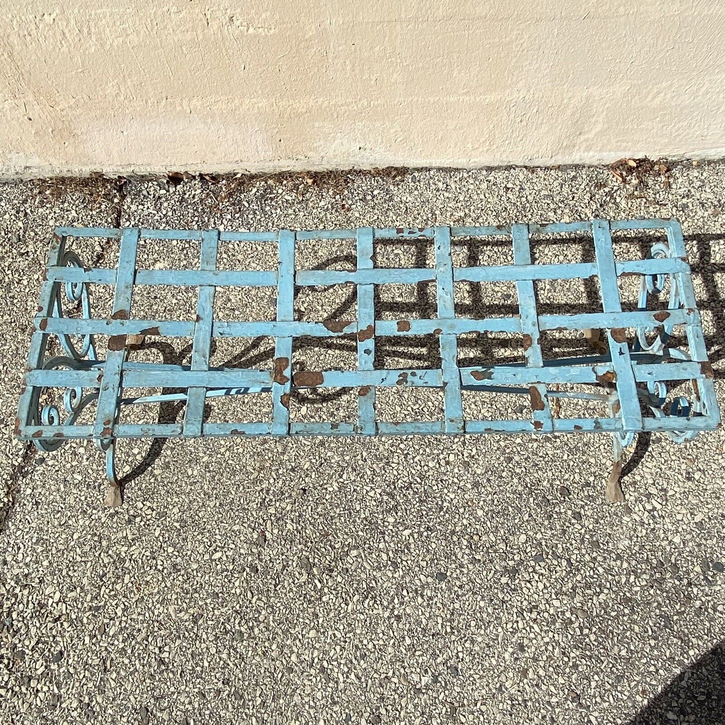 Antique French Art Nouveau Scrolling Wrought Iron Metal Strap Garden Patio Bench