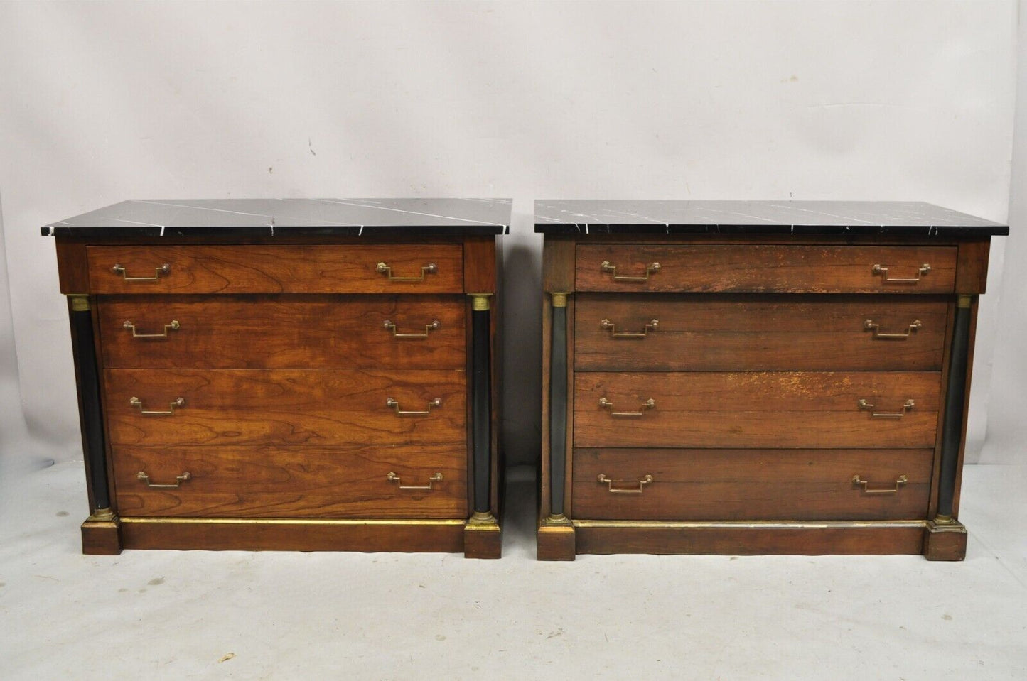 French Empire Neoclassical Style Marble Top Cherry Wood Commode Chest - a Pair