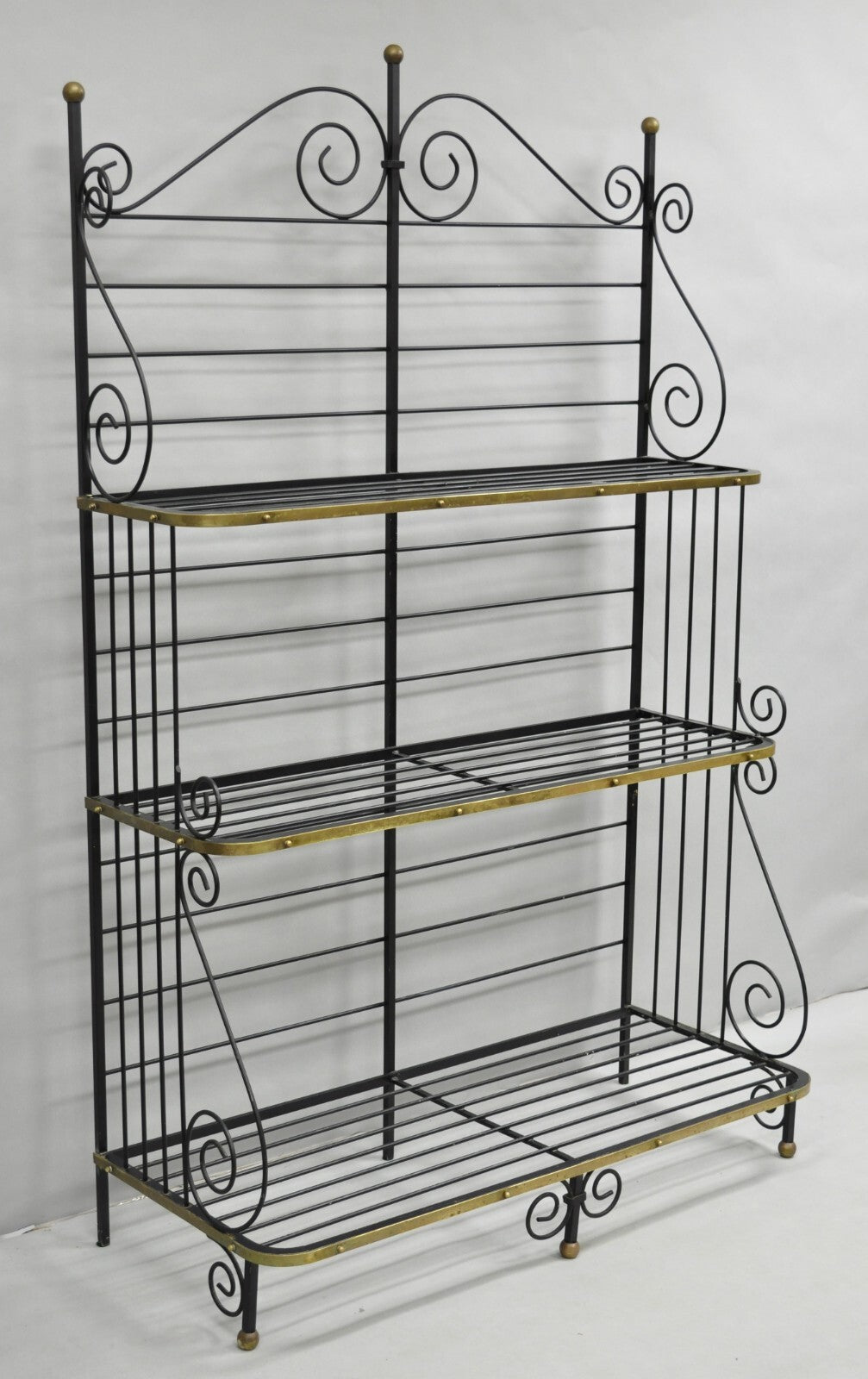 Vintage French Bakers Rack 3 Tier Scrolling Wrought Iron and Brass Etagere