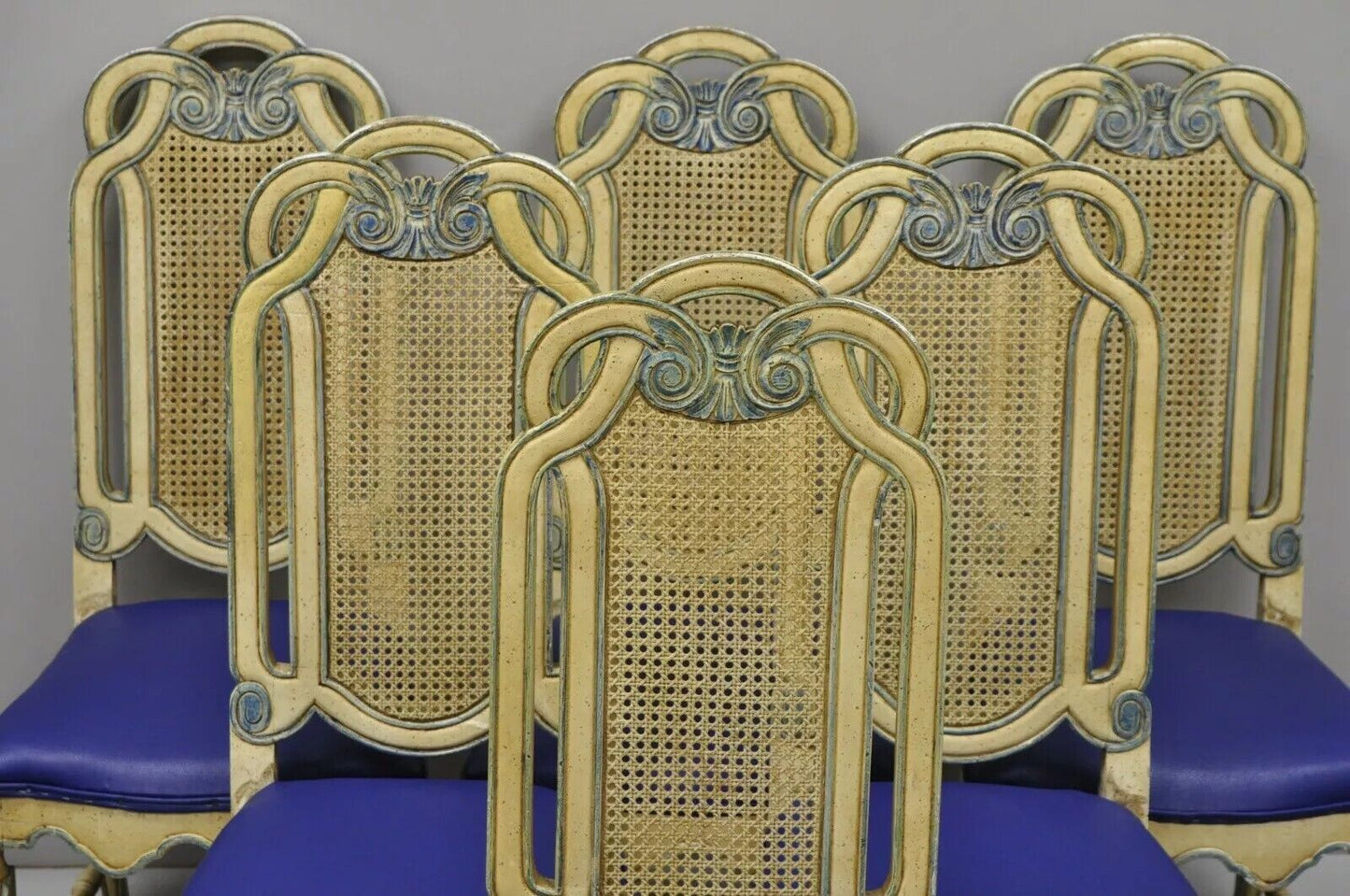 Vintage French Hollywood Regency Cane Pretzel Back Cream Dining Chair - Set of 6