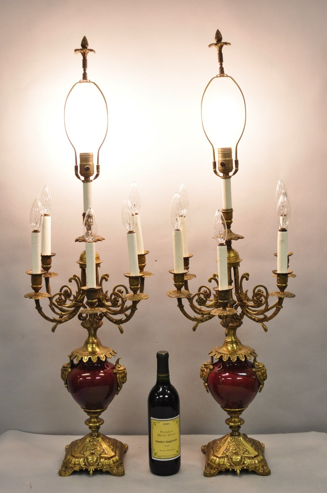 Vintage French Louis XV Style Red Porcelain Brass Candelabra Table Lamps - Pair