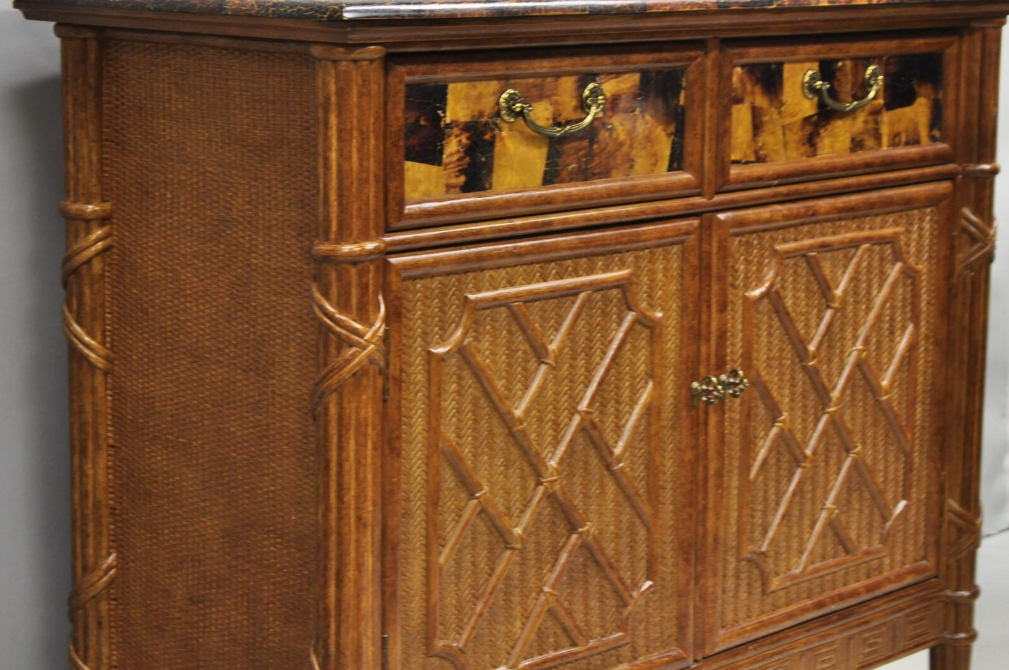 Chinese Chippendale Faux Bamboo Rattan Tortoiseshell Server Buffet Bar Cabinet