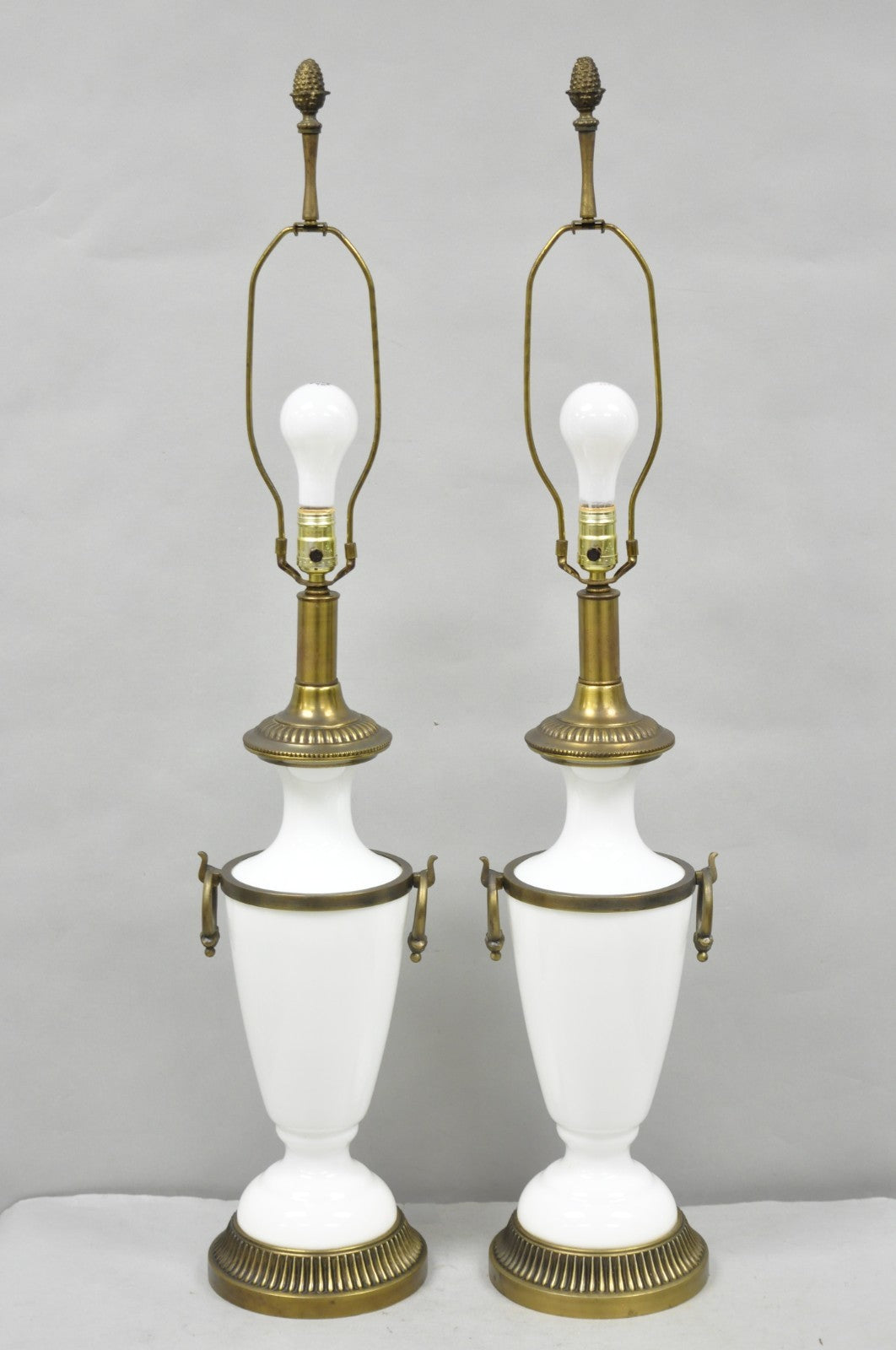 Vintage French Neoclassical White Milk Glass Urn Table Lamp by Paul Hanson, Pair