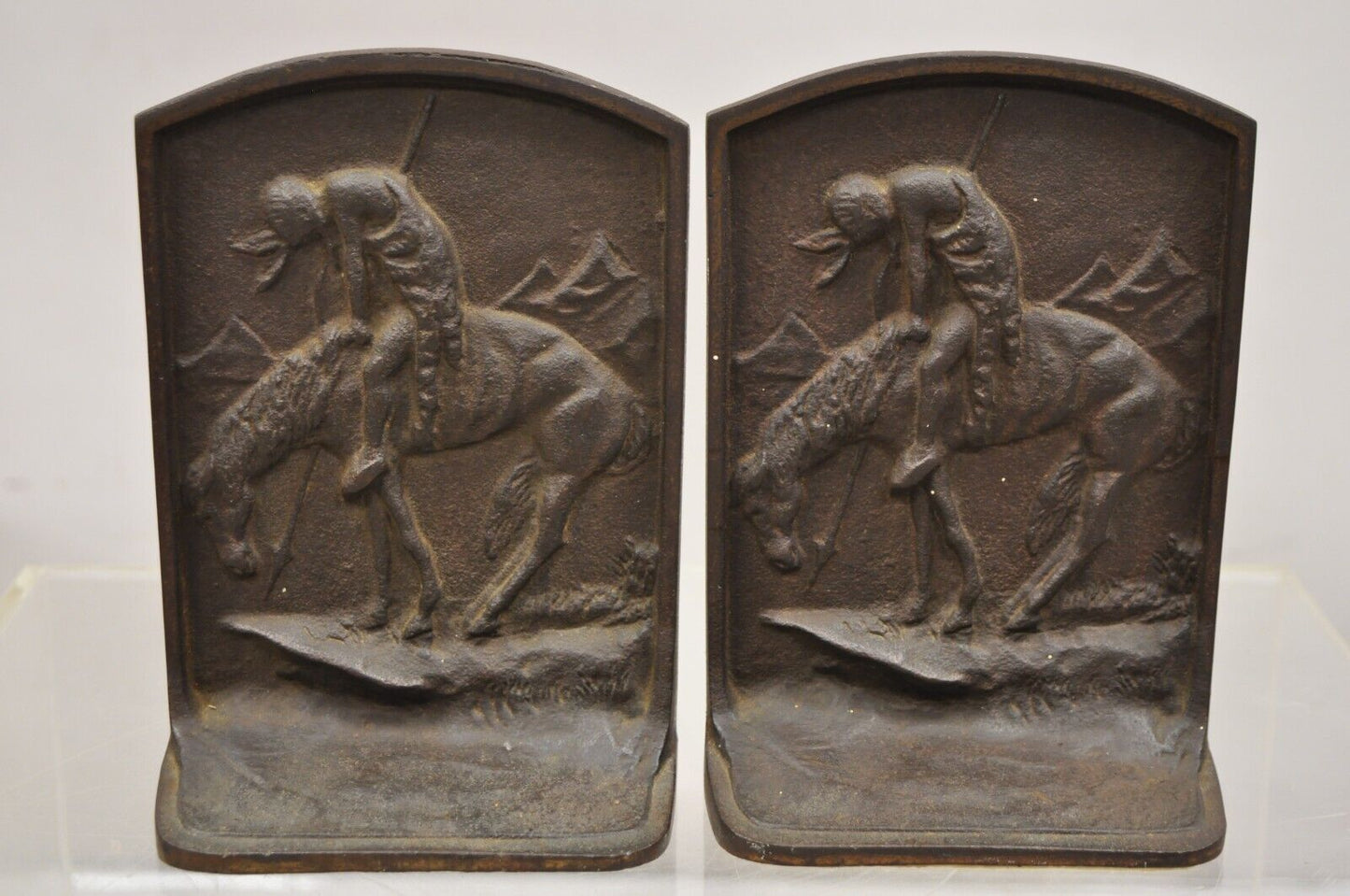 Antique Cast Iron End of Trail Indian Native American Figural Bookends