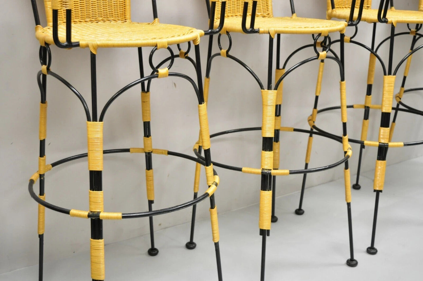 French Country Wrought Iron Woven Vinyl Rattan Bar Stools With Arms - Set of 4