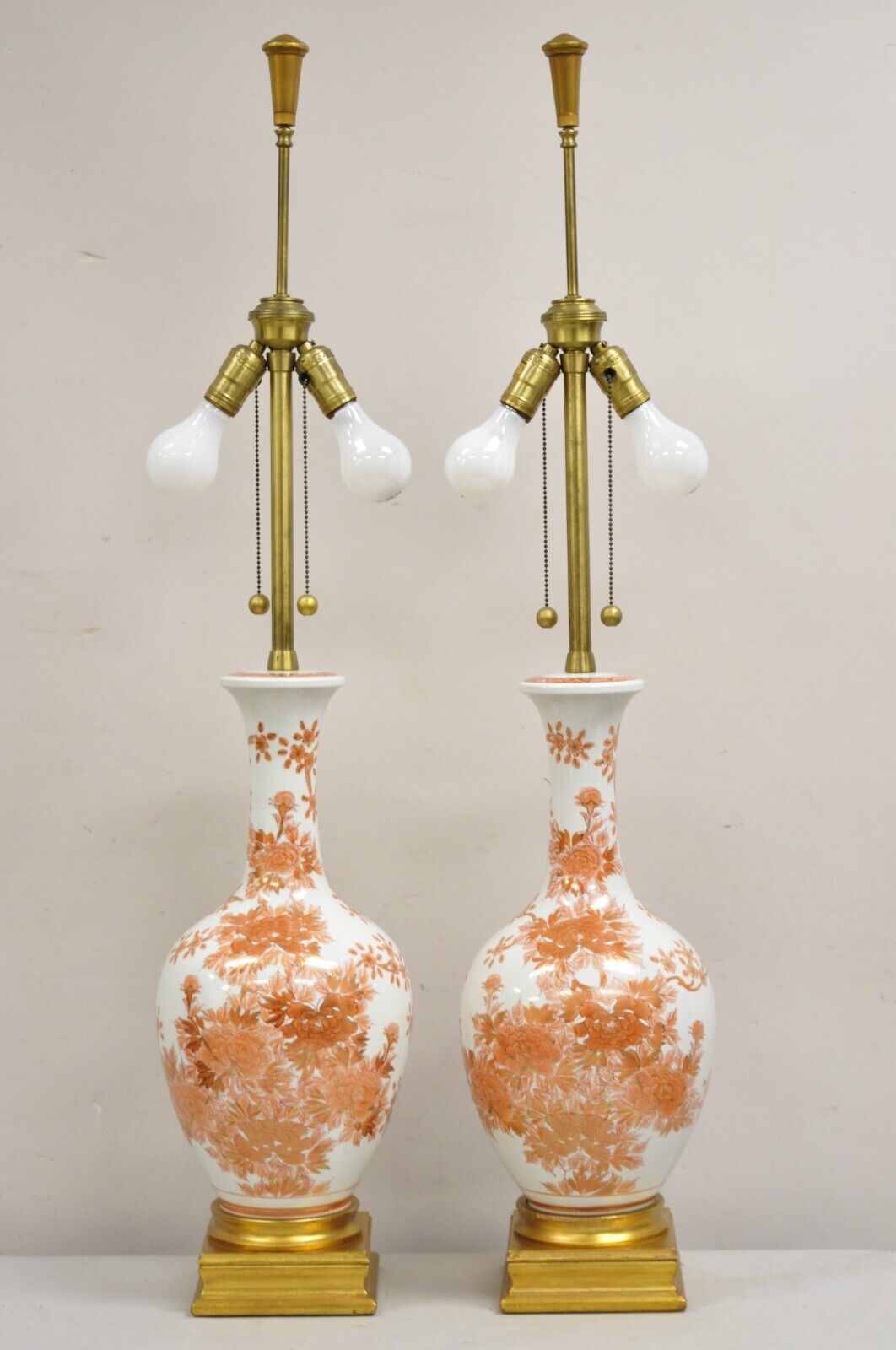 Vintage Marbro Chinoiserie Porcelain Vase Orange Floral Asian Table Lamp Pair