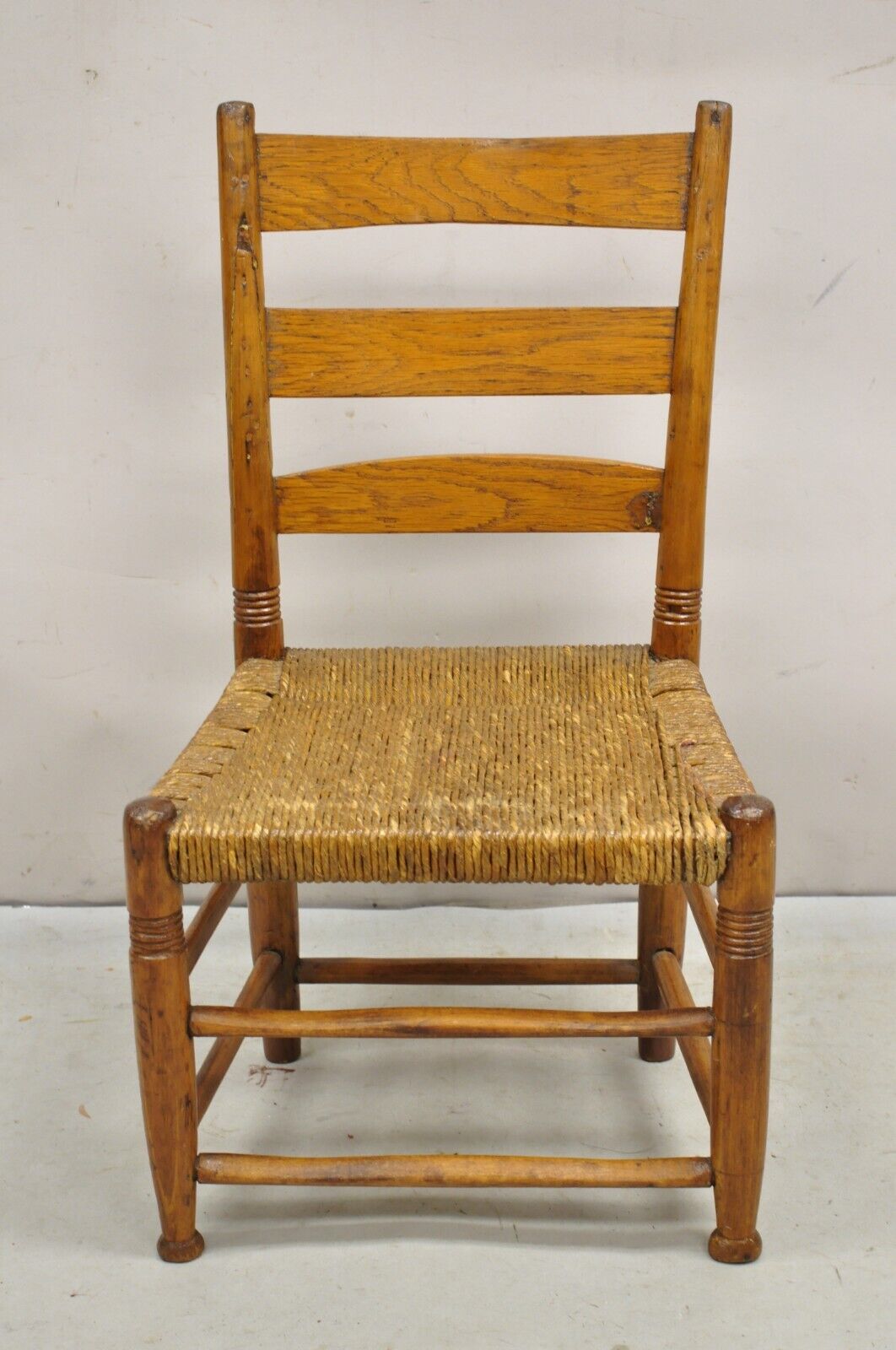 Antique 19th Century Childs Shaker Maple Rush Ladder Back Small Side Chair
