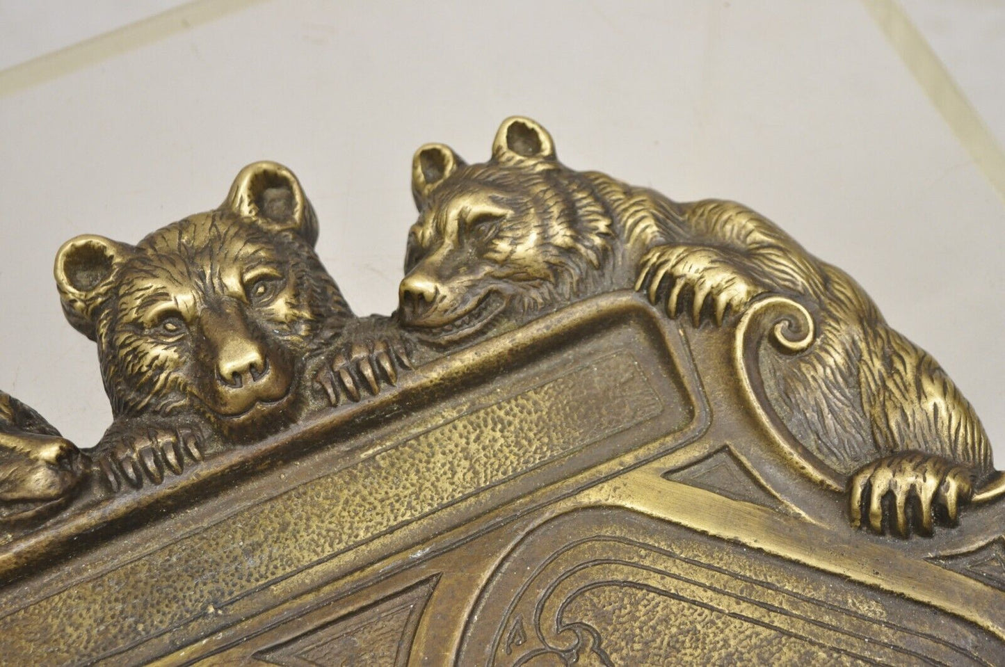 Antique Brass Bronze Black Forest Figural 3 Bears Desk Pen Tray Trinket Holder
