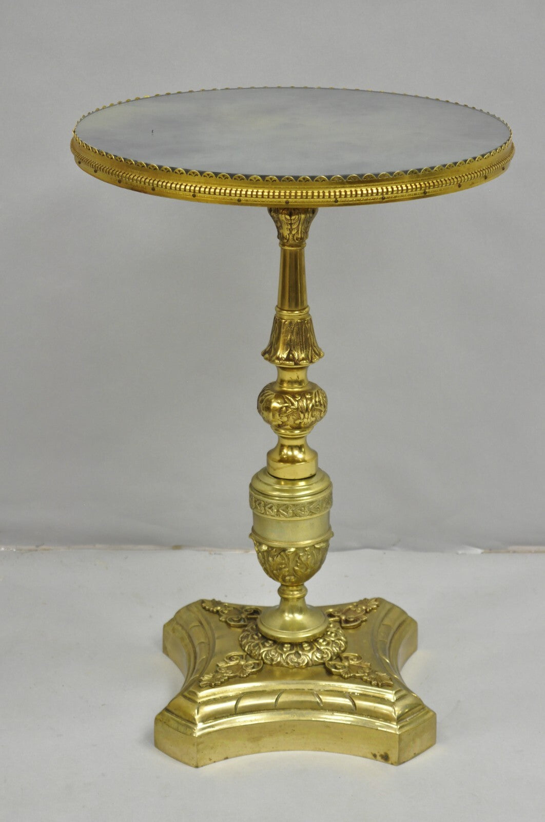Antique French Victorian Solid Brass Round Glass Top Small Pedestal Side Table