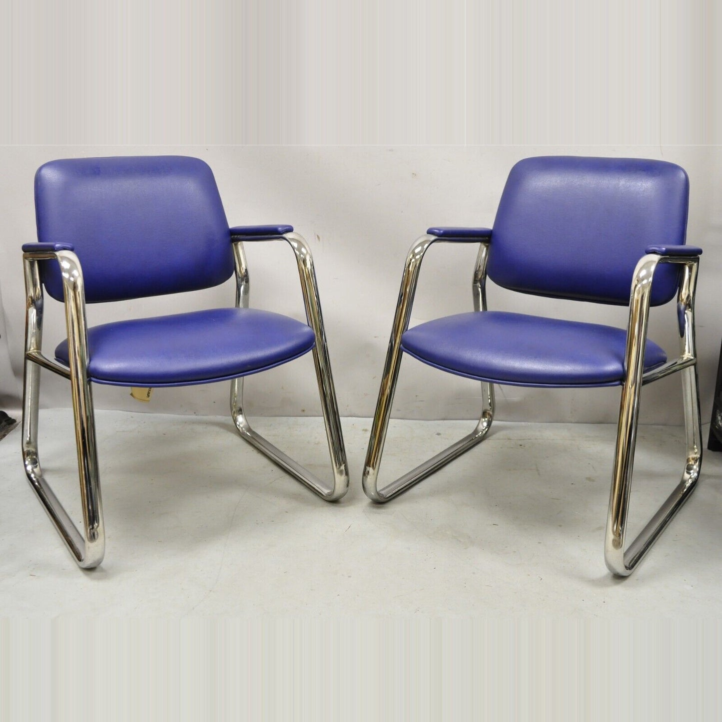 Vintage Lawsonia Stylex Blue Vinyl Chrome Frame Lounge Chairs - a Pair