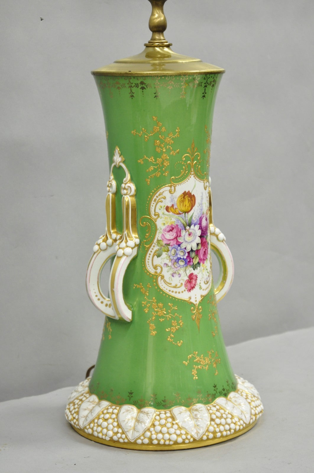 Antique Victorian Green Austrian Porcelain Hand Painted Flower French Table Lamp