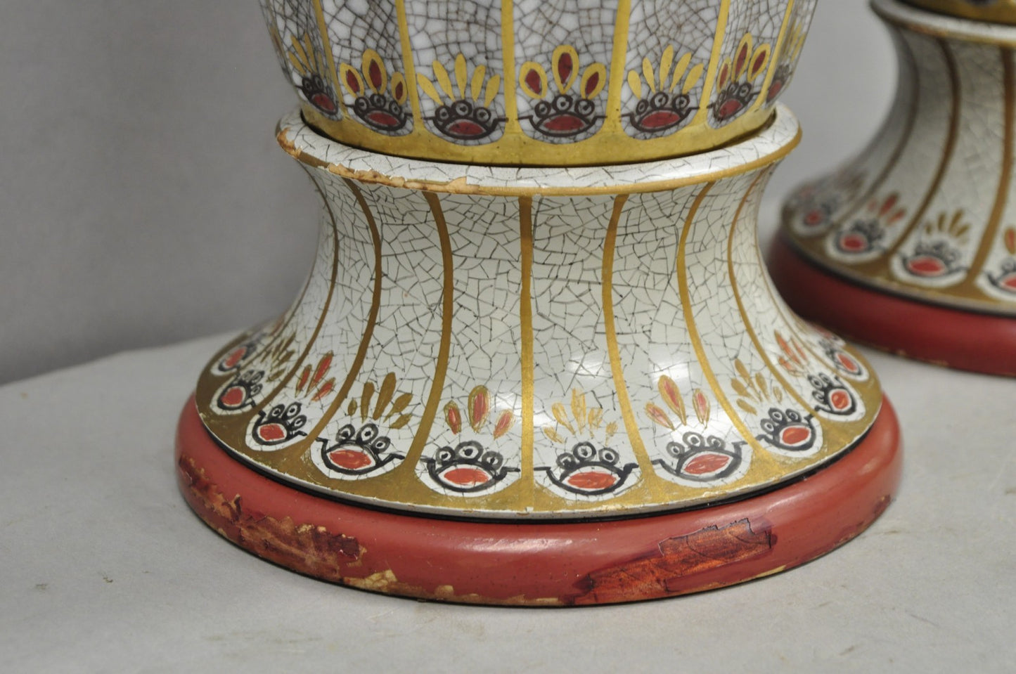 Victorian Red White Floral Painted French Porcelain Jardinière Table Lamps, Pair