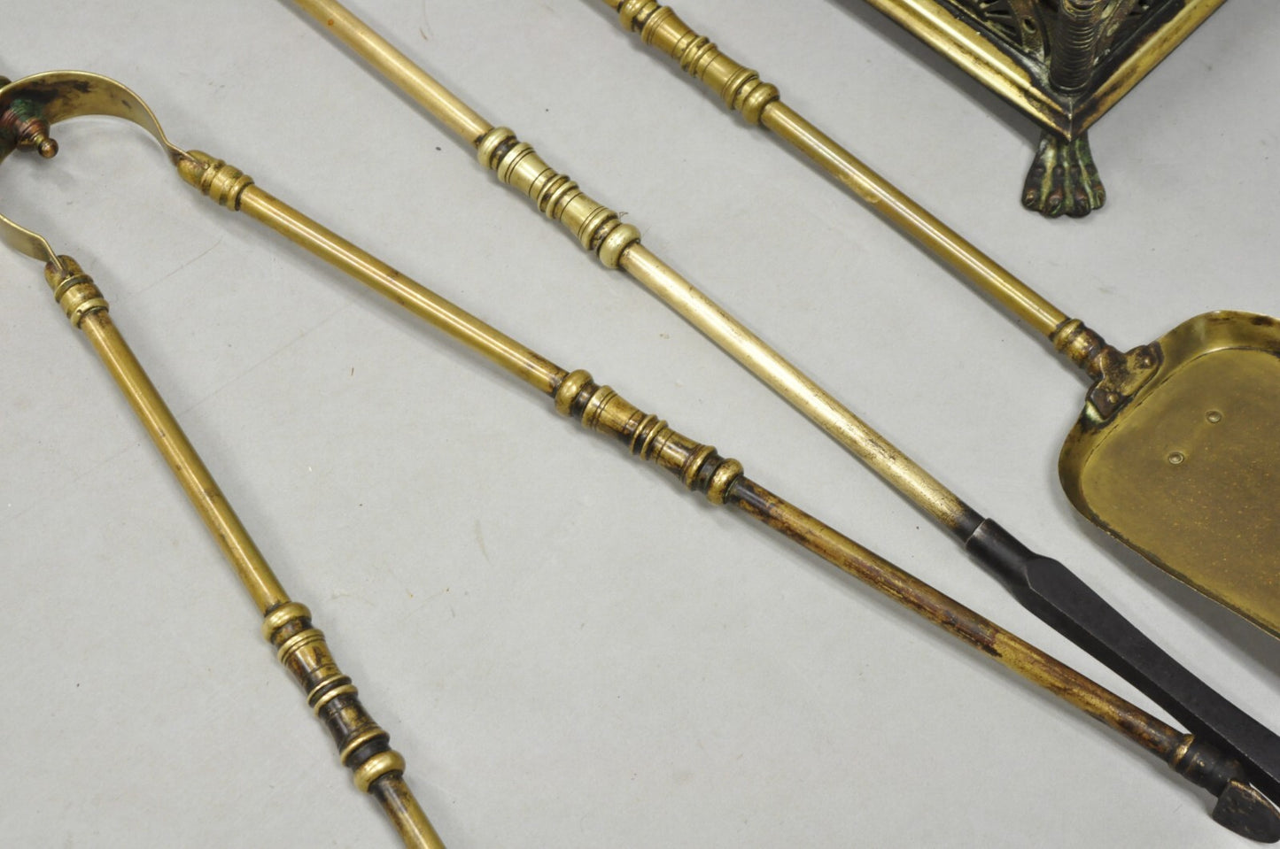 Antique English Art Nouveau Brass Paw Foot Fireplace Tool Set - 4 Pc Set
