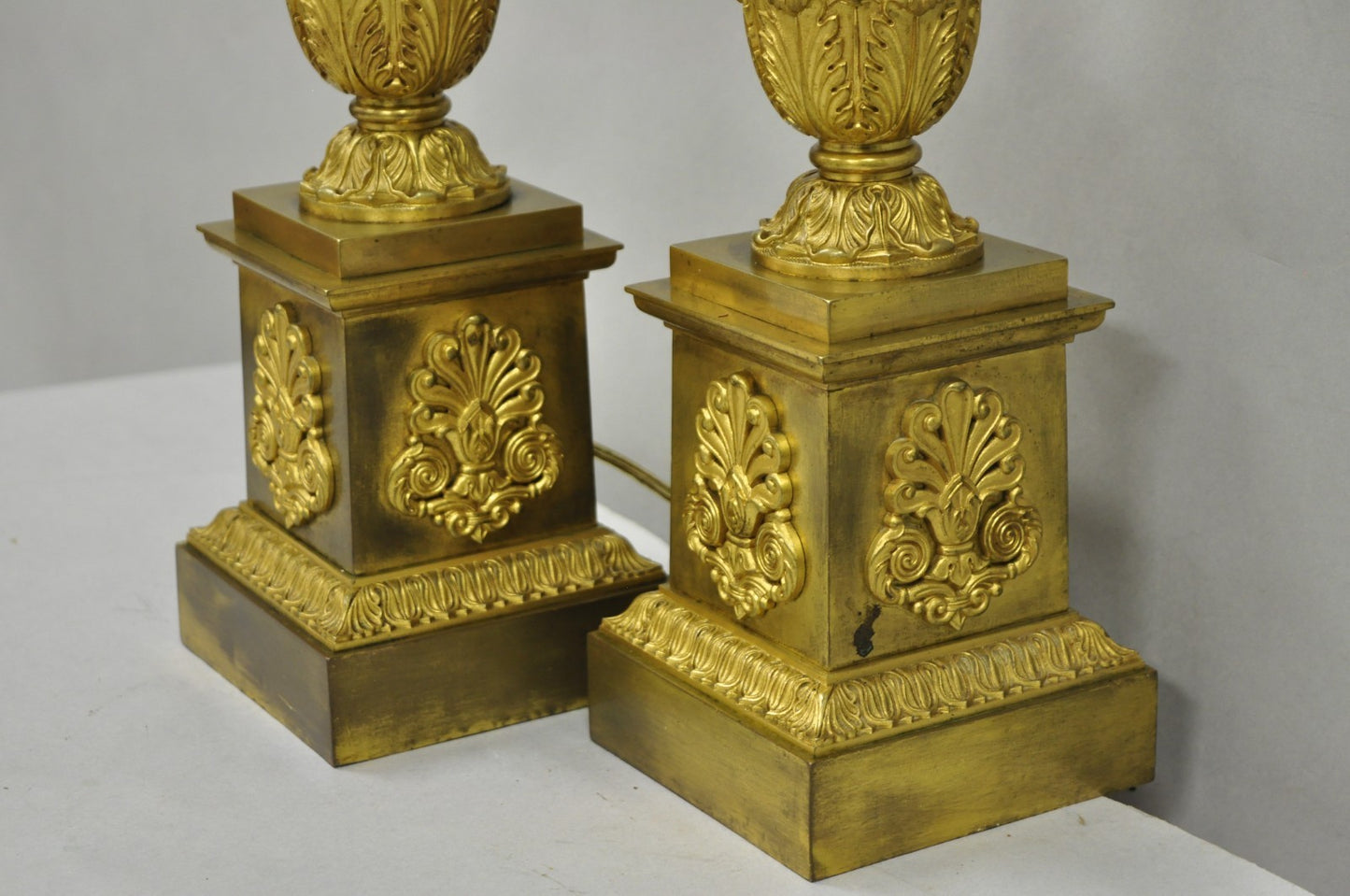 Antique French Empire Neoclassical Bronze Candlestick Column Table Lamps a Pair