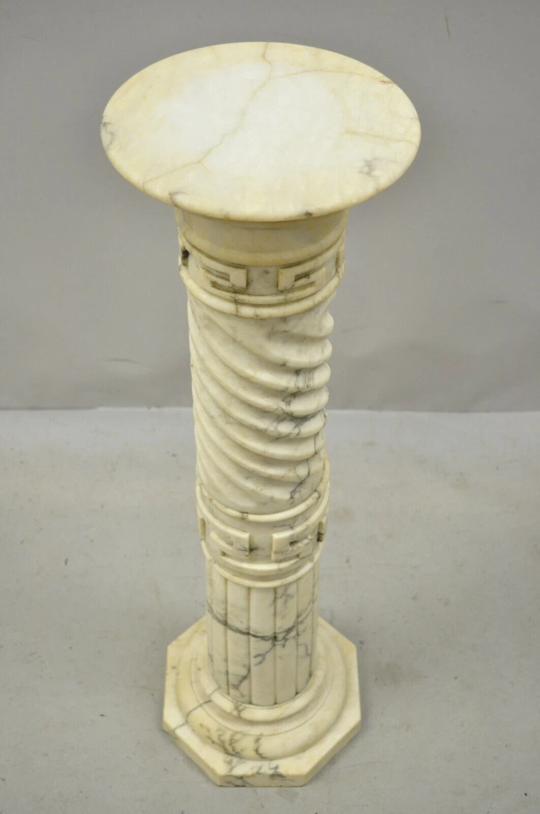 Italian Neoclassical Spiral Carved Marble Greek Key Column Pedestal Plant Stand