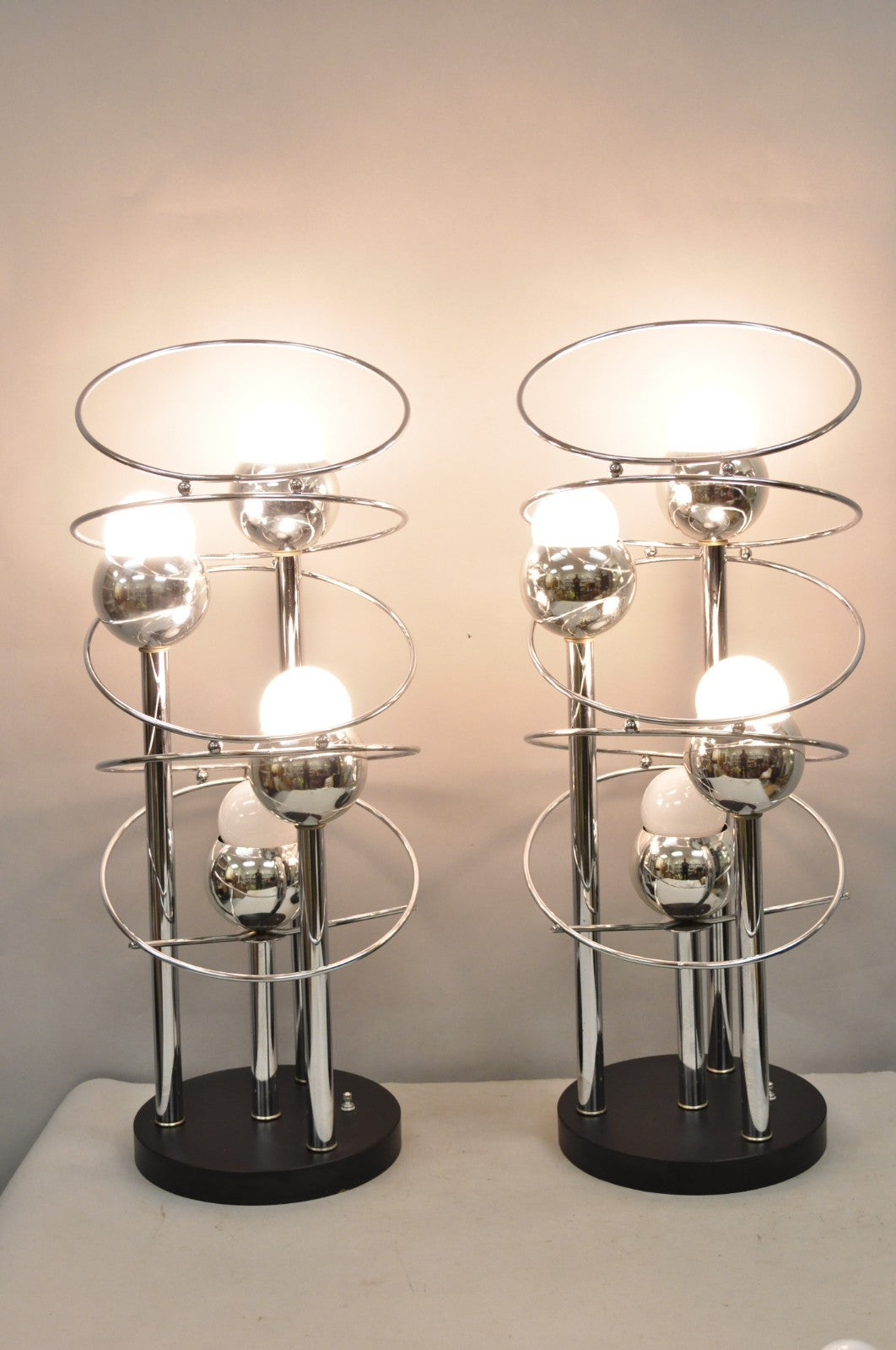 Vintage Mid Century Modern George Kovacs Spiral Chrome Ball Table Lamps - a Pair