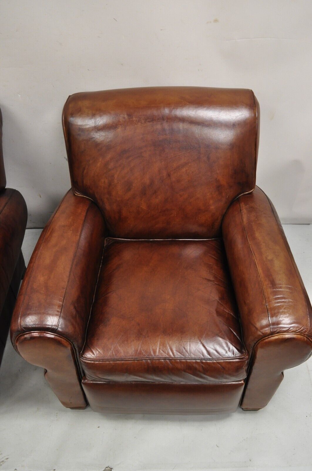 Pottery Barn Manhattan Brown Leather Recliner Art Deco Club Chairs - a Pair