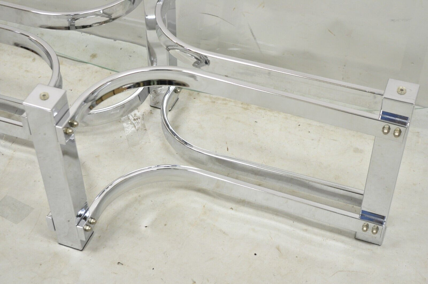 Vintage Mid Century Modern Oval Glass Top Sculptural Chrome Frame Coffee Table