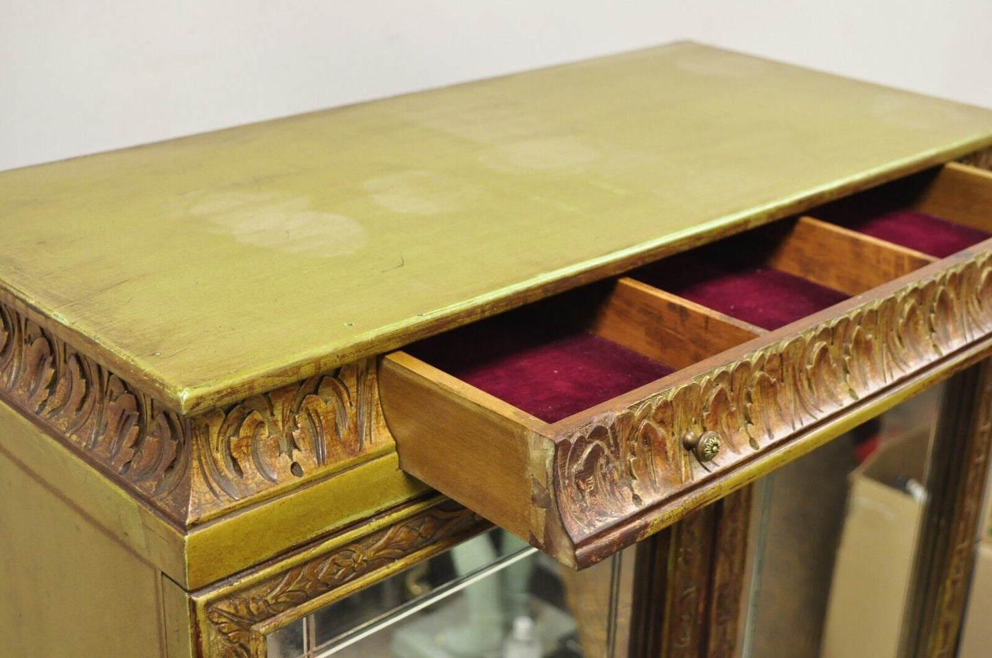 Antique Georgian Green Painted Mirror Front Blind Front China Curio Cabinet