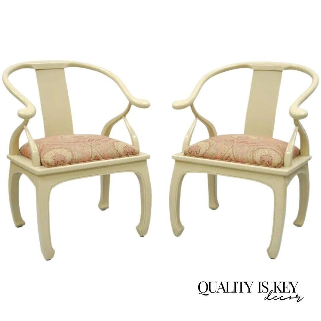 Vintage Oriental Horseshoe Ming Style Cream Lacquered Lounge Chairs - a Pair