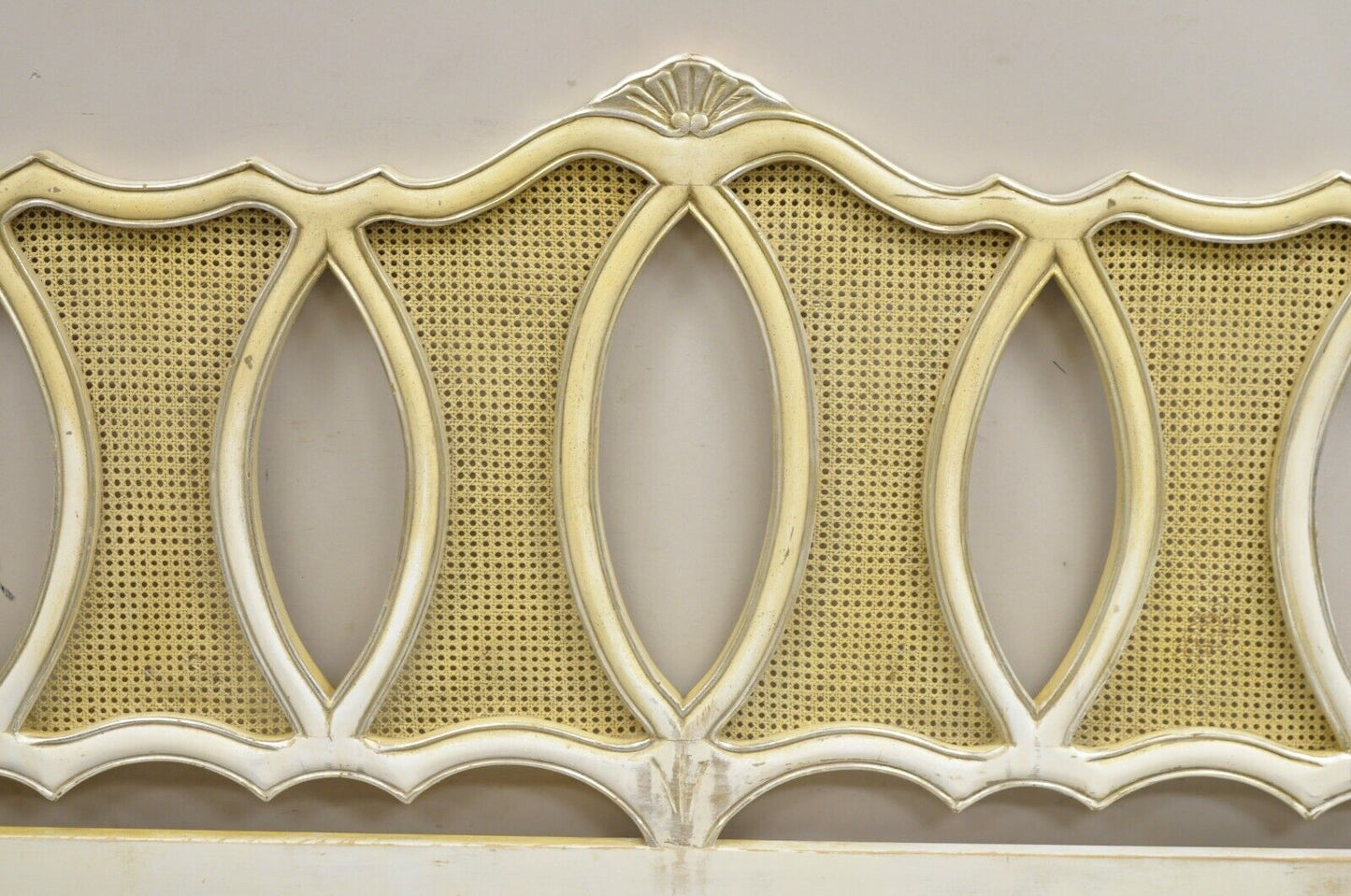 Vintage French Provincial Hollywood Regency Cream Painted Cane King Headboard