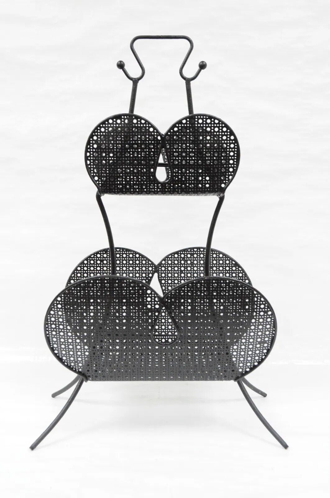 Mathieu Mategot Mid Century Modern Black Hairpin Metal Mesh 2 Tier Magazine Rack