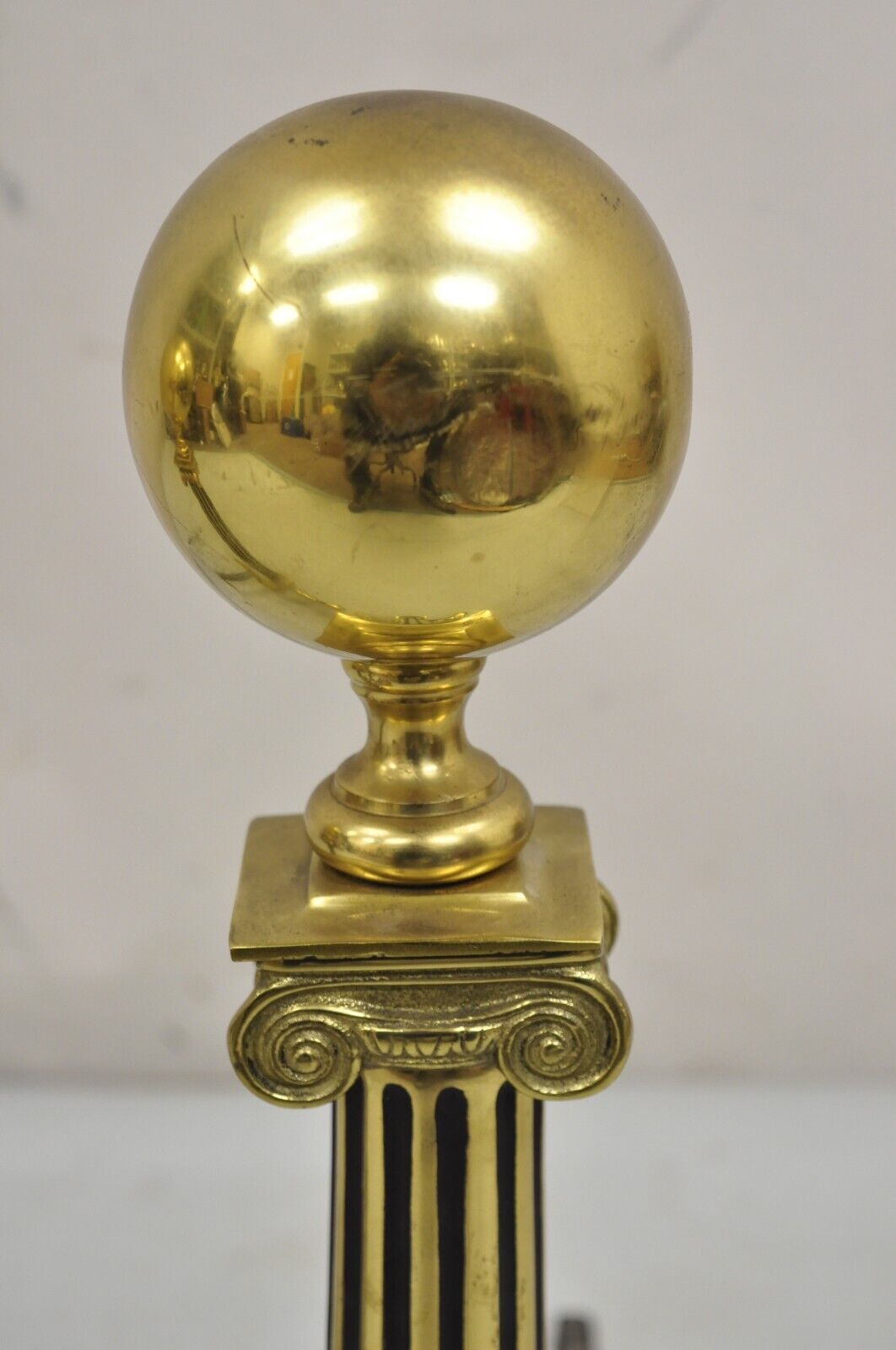 Vintage French Empire Style Brass Cannonball Column Form Branch Foot Andirons