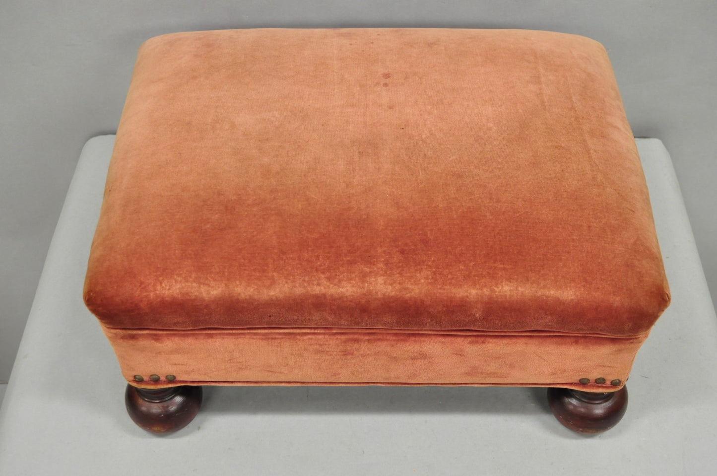 Vintage Jacobean William & Mary Walnut Bun Feet Upholstered Ottoman Footstool