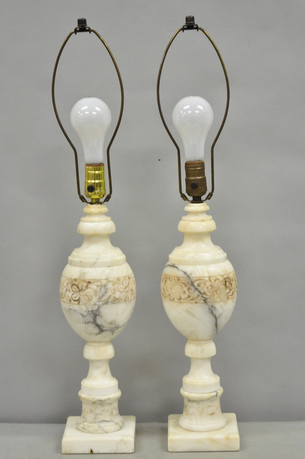 Vintage Italian Neoclassical Style Carved White Marble Urn Table Lamps - a Pair