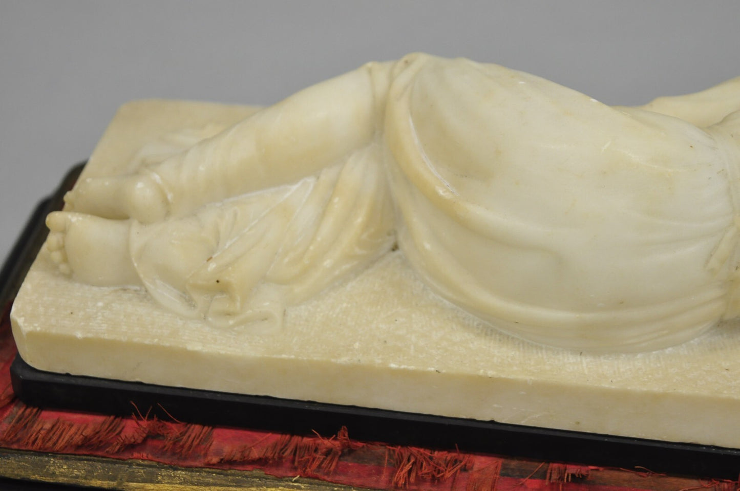 Antique Patron Saint Cecilia Carved Marble Small Sculpture on Ebonized Plinth