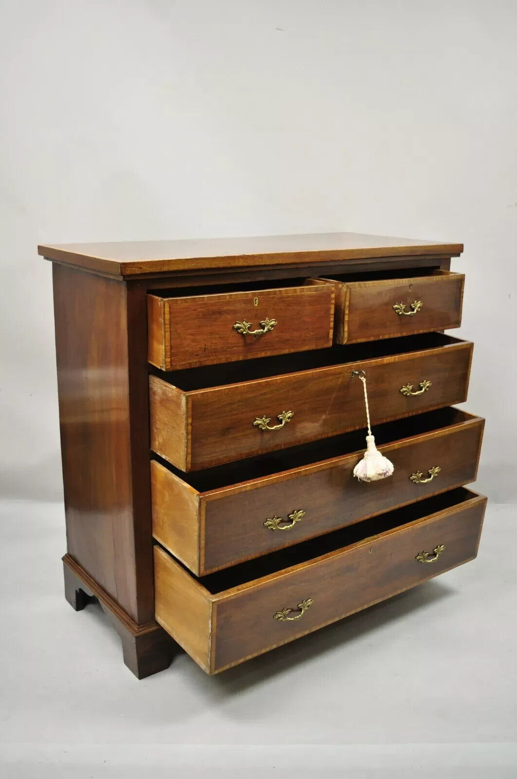 Antique English Georgian Mahogany Banded Satinwood Inlay 5 Drawer Chest Dresser