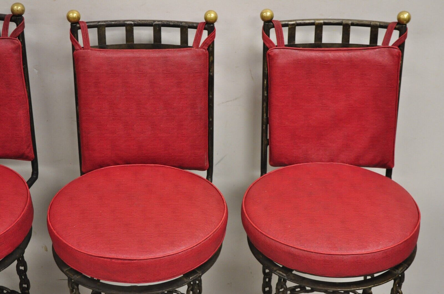 Vintage Mid Century Brutalist Iron Chain Link Swivel Counter Bar Stool Set of 4