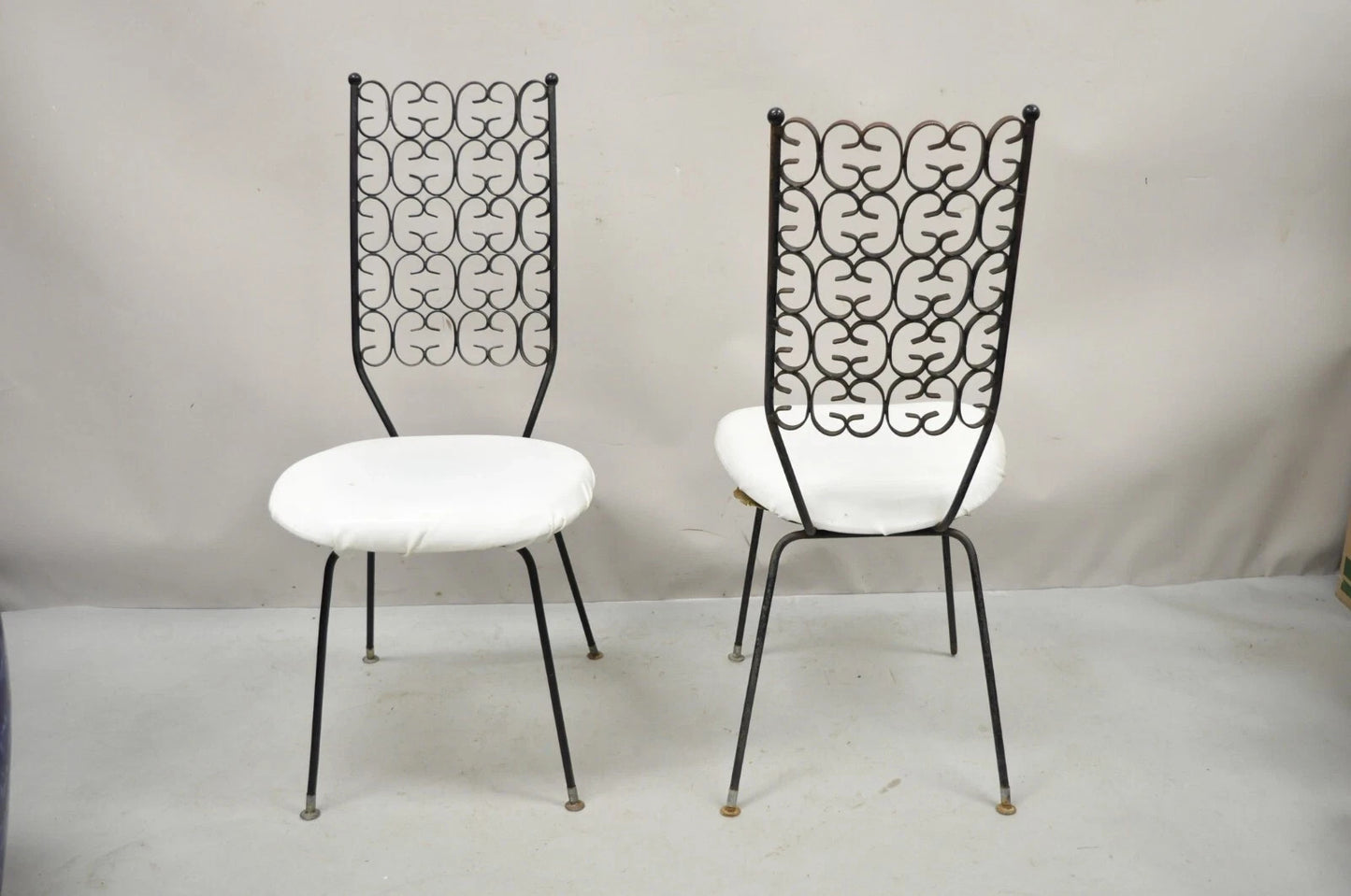 Vintage Mid Century Modern Salterini Umanoff Style Iron Scroll Side Chairs, Pair