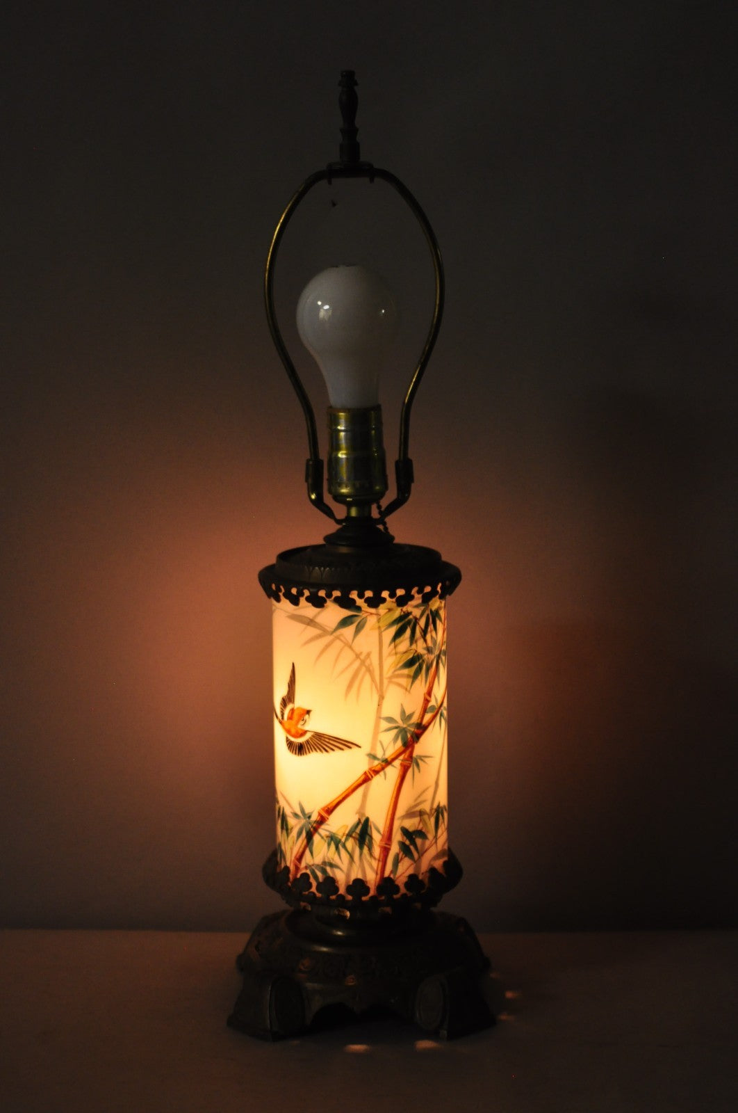 Art Nouveau Converted Oil Lamp Glass Cylinder Bird Painted Bronze Table Lamp