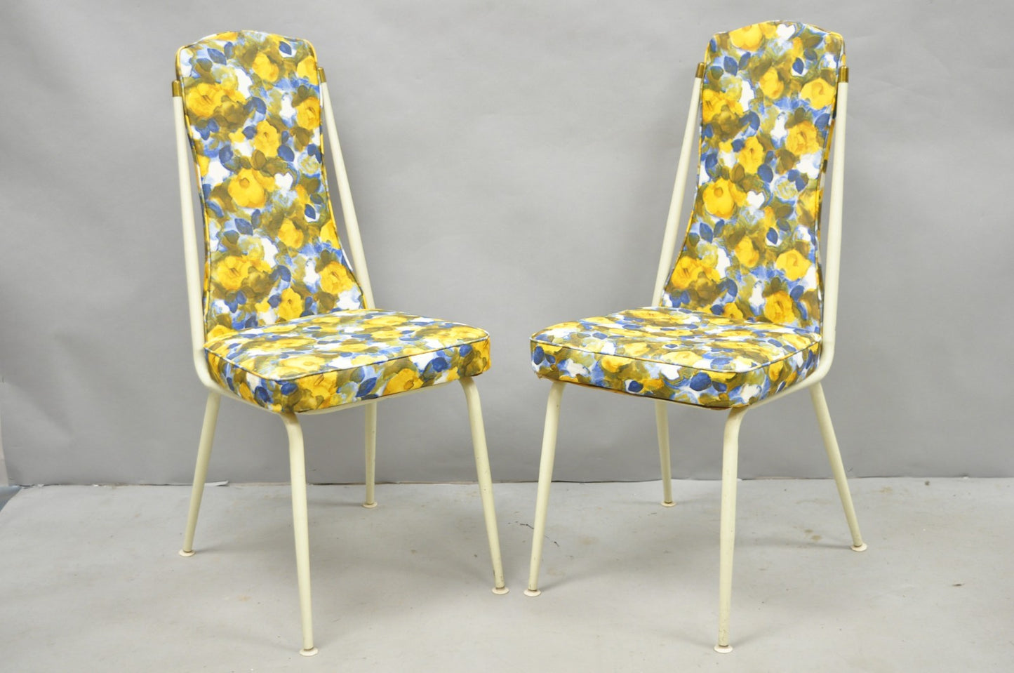 Vintage Retro Atomic Era Metal Kitchen Dining Chairs w/ Blue Yellow Flowers Pair