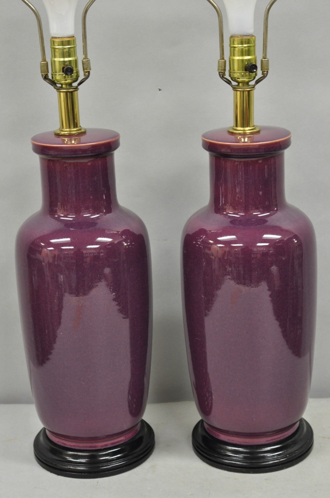 Vintage Chinoiserie Plum Purple Ceramic Porcelain Jardiniere Table Lamps - Pair