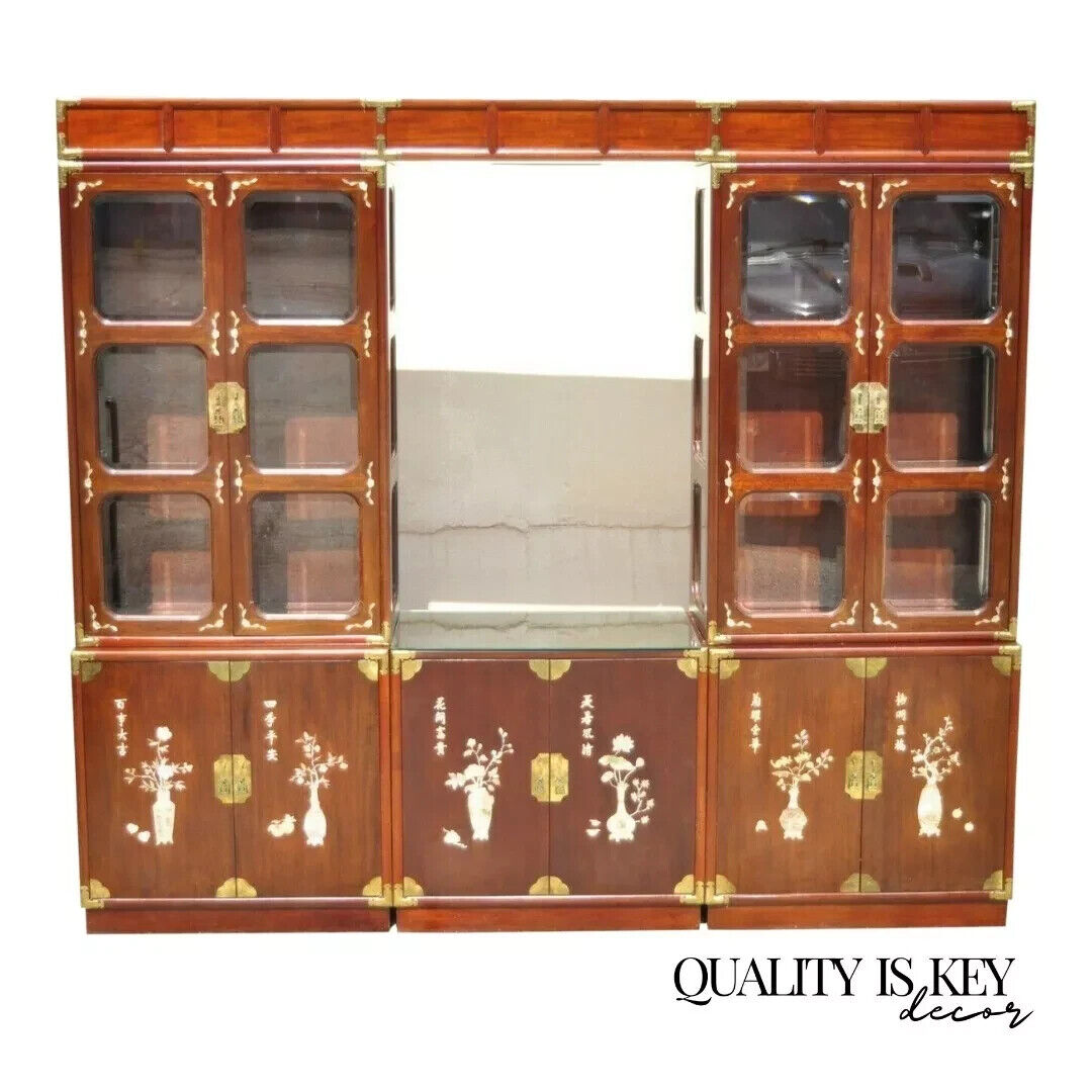 Vintage Chinese Mother of Pearl Hardwood China Cabinet Curio Display Wall Unit