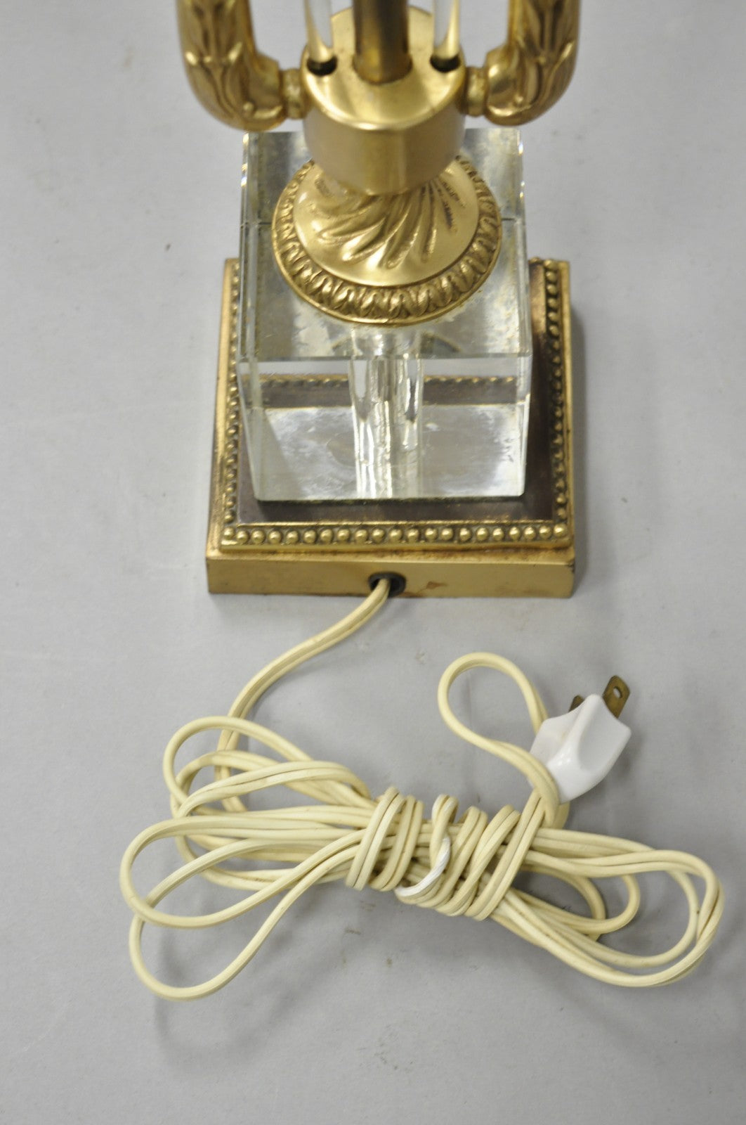 Antique French Empire Brass & Glass Classical Lyre Harp Small Boudoir Table Lamp