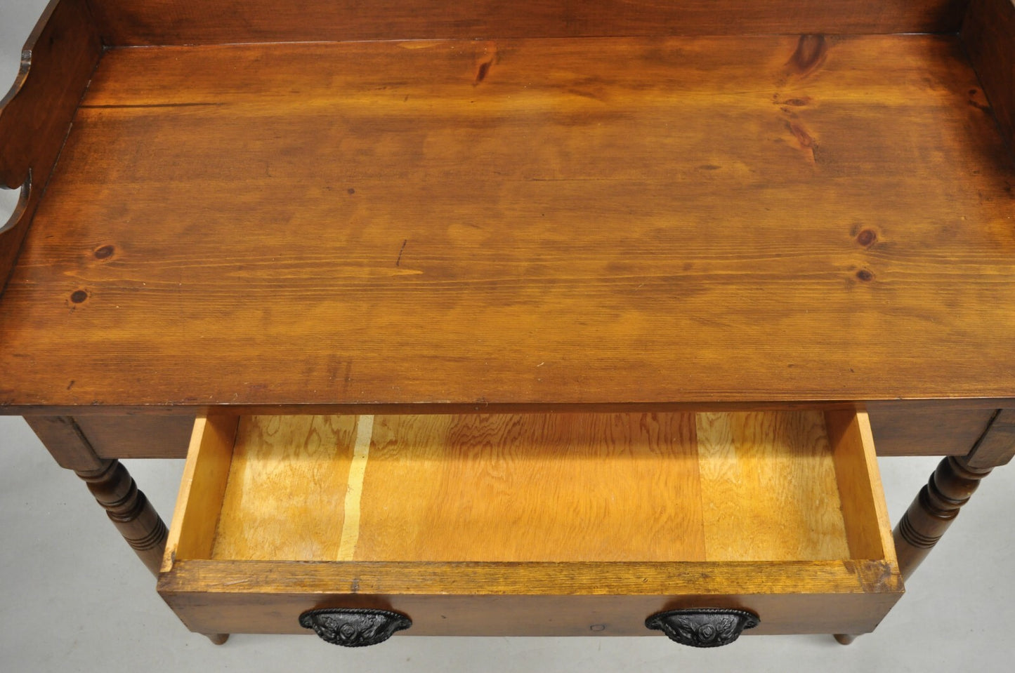 Antique Primitive Colonial Pine Wood 1 Drawer Work Table Desk w/ Backsplash