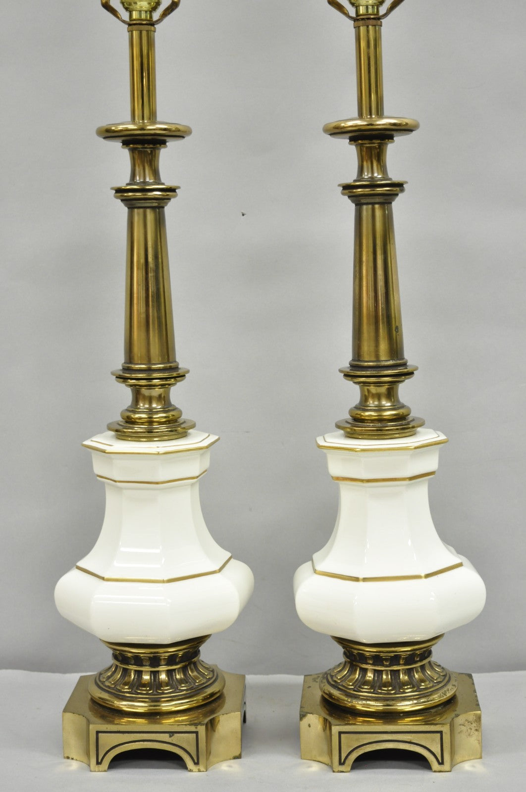 Vintage Stiffel Empire Style Burnished Brass & Porcelain Table Lamps (C) - Pair