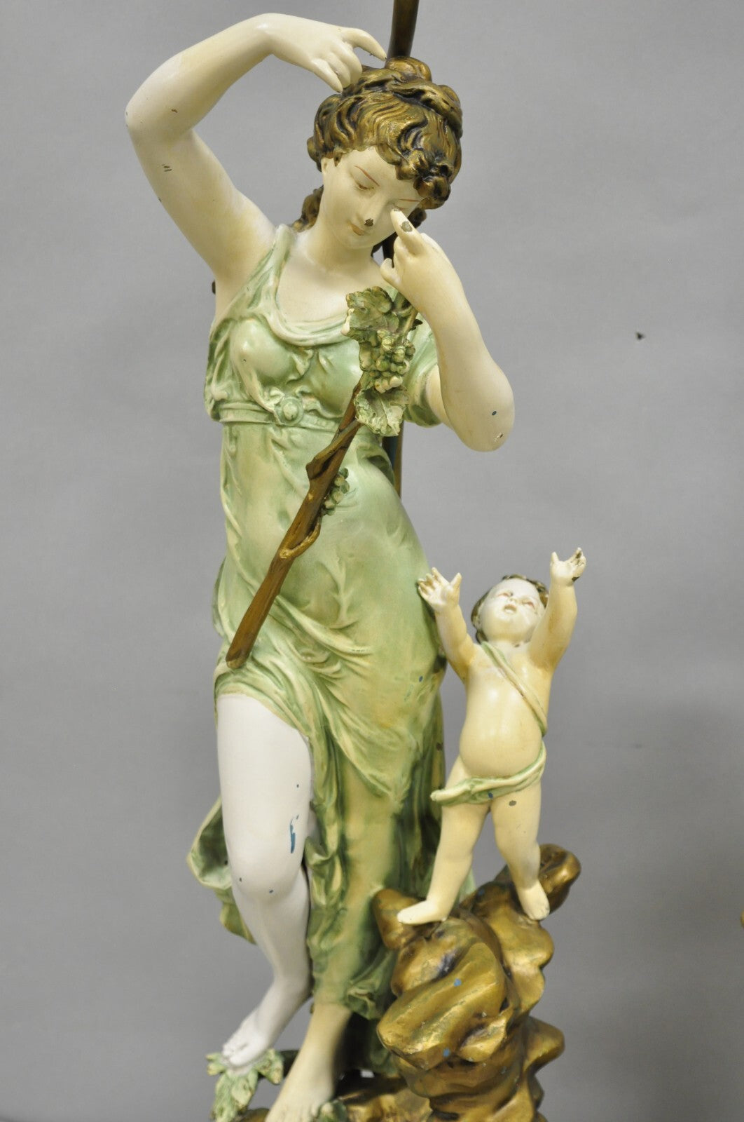 Antique French L&F Moreau Painted Metal Figural Mother & Child Table Lamps Pair