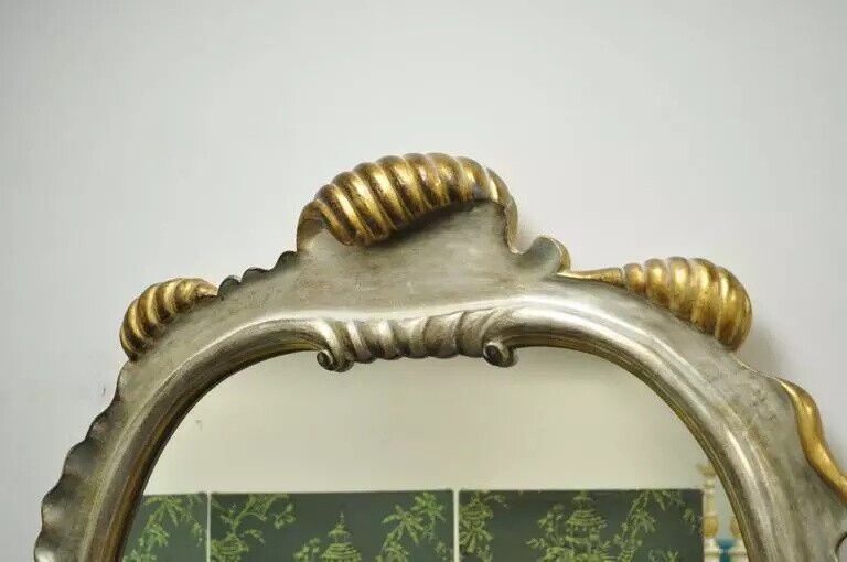 Italian Hollywood Regency Gold and Silver Giltwood Scroll Carved Wall Mirror