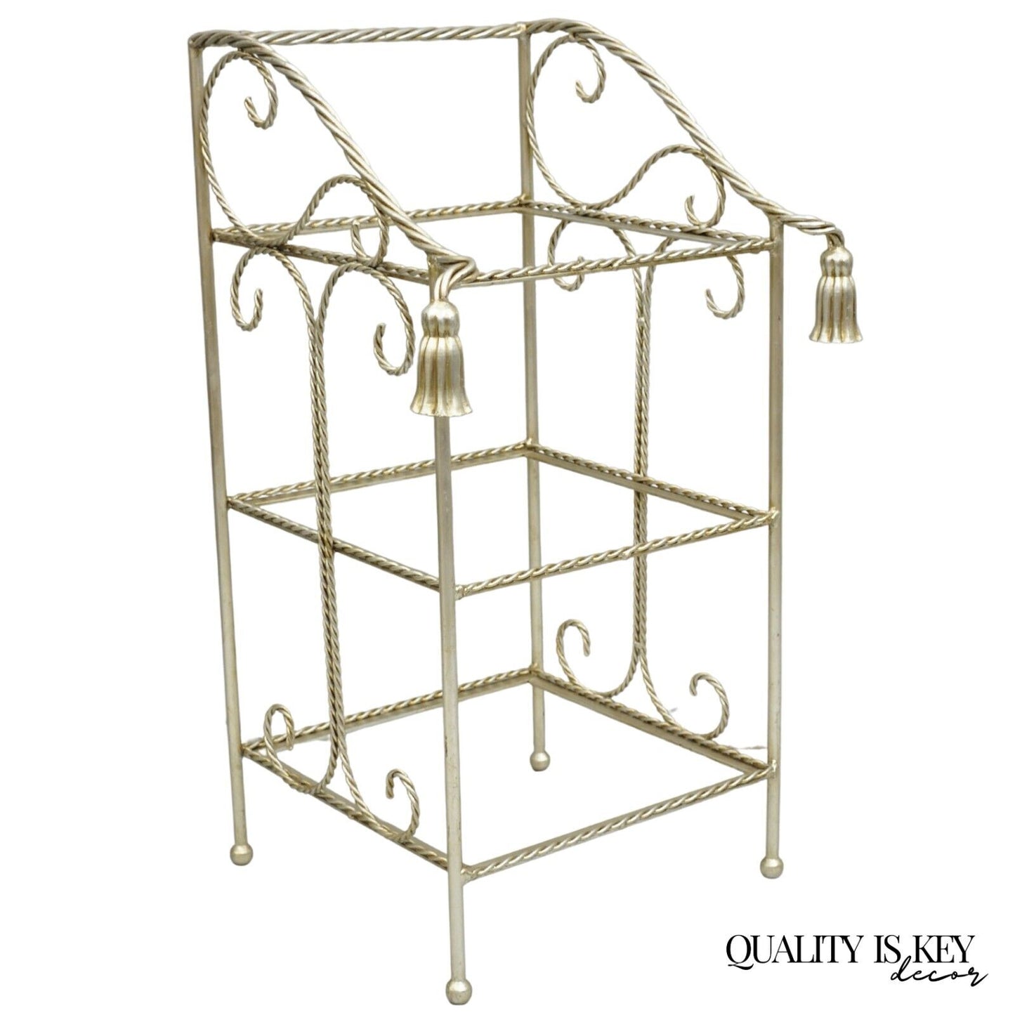 Italian Hollywood Regency Silver Iron Tassel 3 Tier Etagere Towel Rack Stand