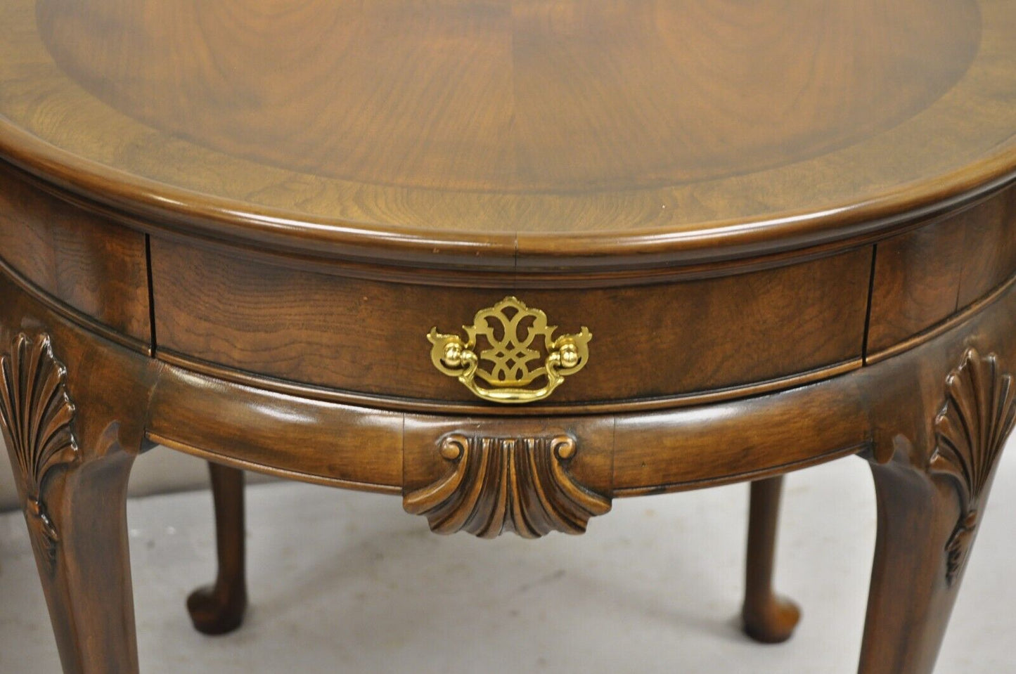 Pair Baker Furniture English Queen Anne Style Burl Walnut Round Side End Tables