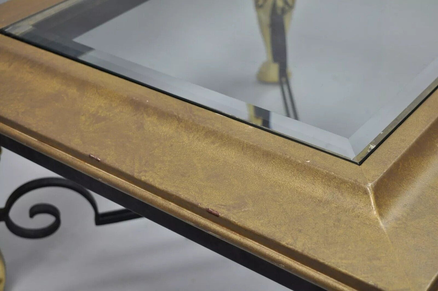 Regency Style Figural Swan Base Rectangular Iron and Glass Gold Coffee Table (A)